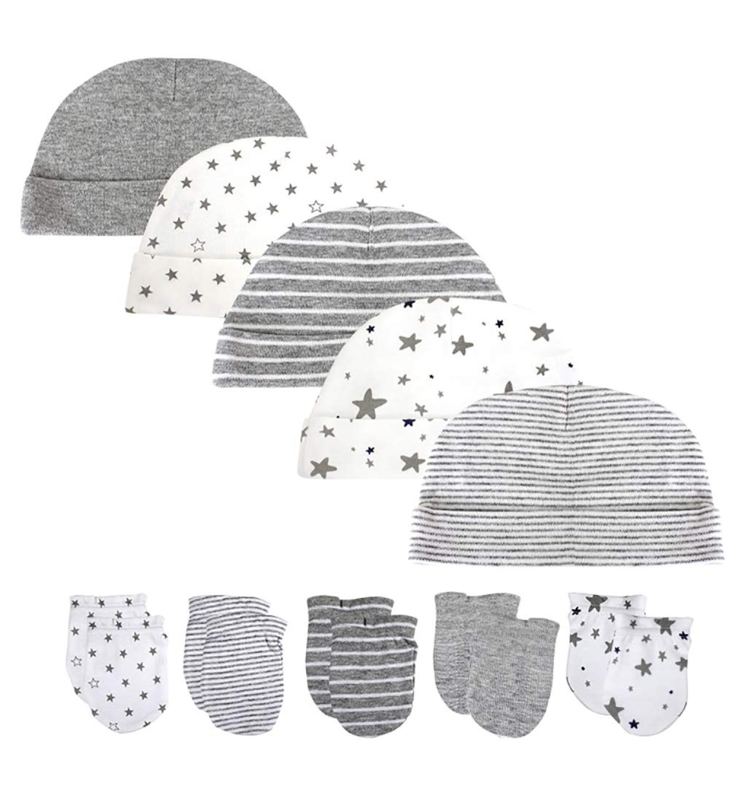 Newborn Baby Hat and Mittens Set - 5pcs Caps and 5 Pairs Gloves for Boys and Girls 0-6 Months | 100% Cotton (Grey) - Buy Online on GoSupps.com