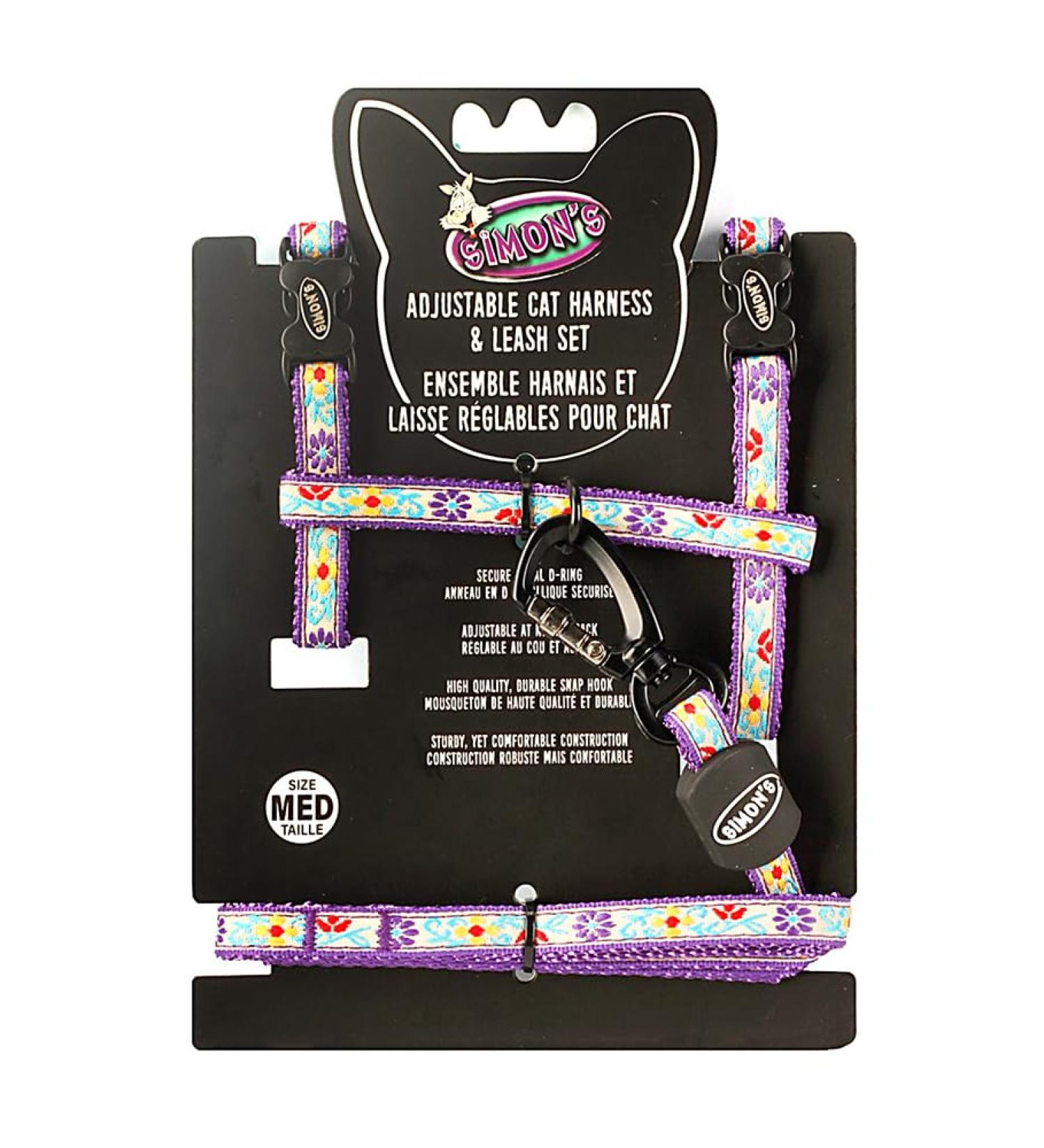 Simon's Cat Harness and Leash Set Fully Adjustable at Neck and Back Durable Snap Hook and Metal D Ring with 48" Leash (Purple Floral med) - Buy Online on GoSupps.com