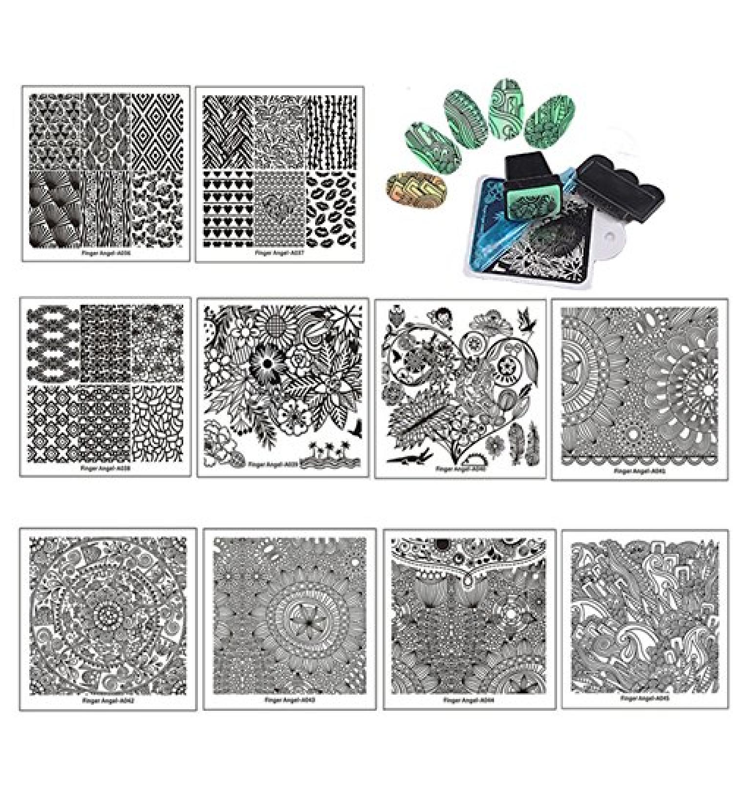 Finger Angel 10 Stamping Nail Art Plate Set | DIY Nail Art Tools with Green Rubber Stamper & White Bracket for Manicure | International Shipping - Buy Online on GoSupps.com
