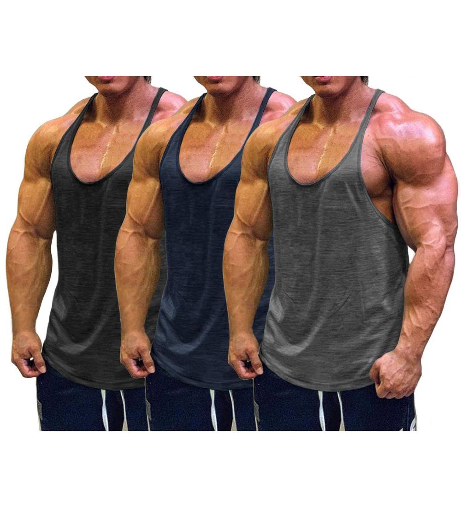 Muscle Cmdr Men's Bodybuilding Stringer Tank Tops 3-Pack - Black/Gray/Navy Blue - Large | Gym Fitness T-Shirts - Buy Online on GoSupps.com