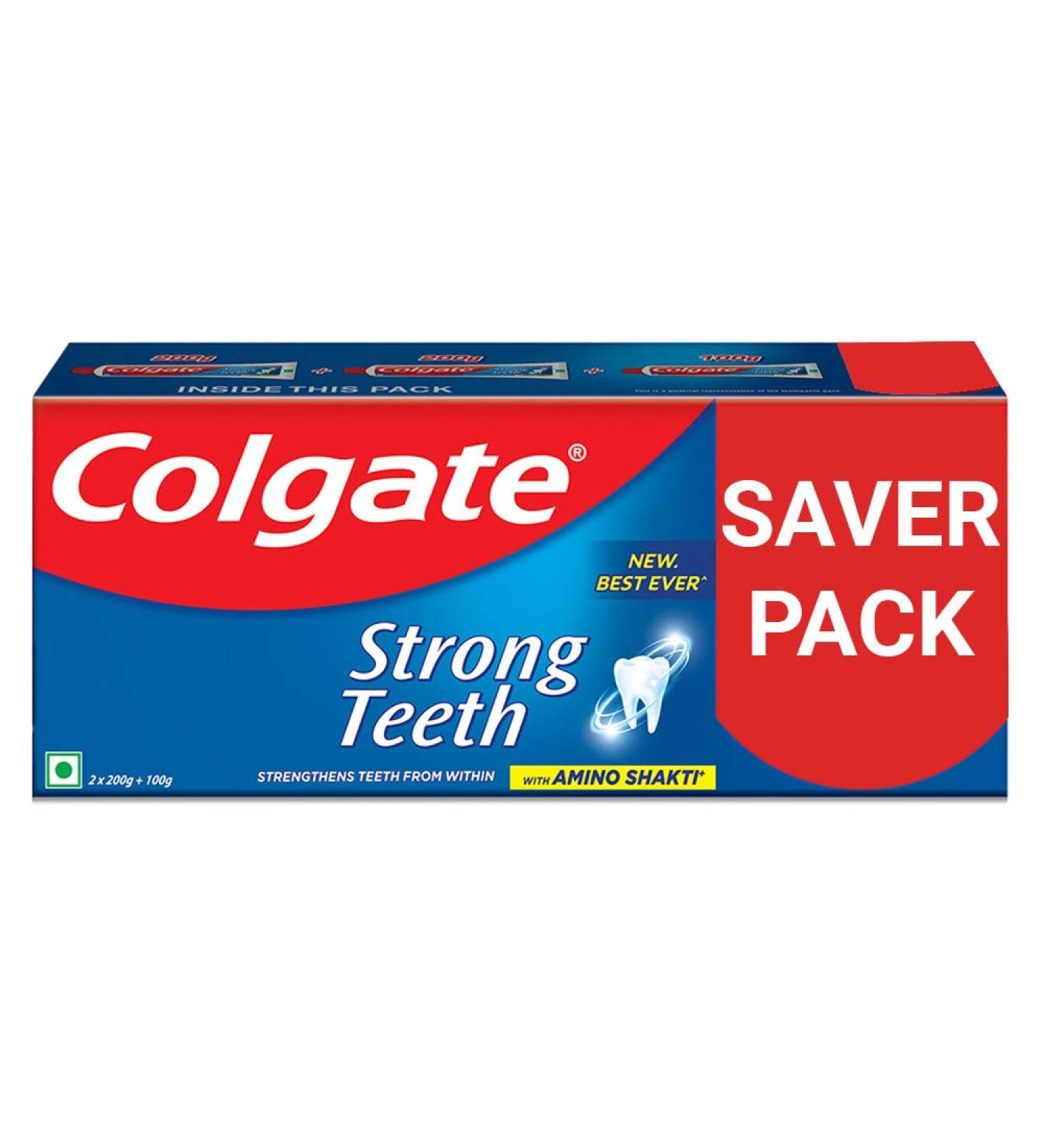 Colgate Strong Teeth Anticavity Toothpaste with Amino Shakti - 500gm (200gm - Pack of 2 with 100gm Free) - Buy Online on GoSupps.com