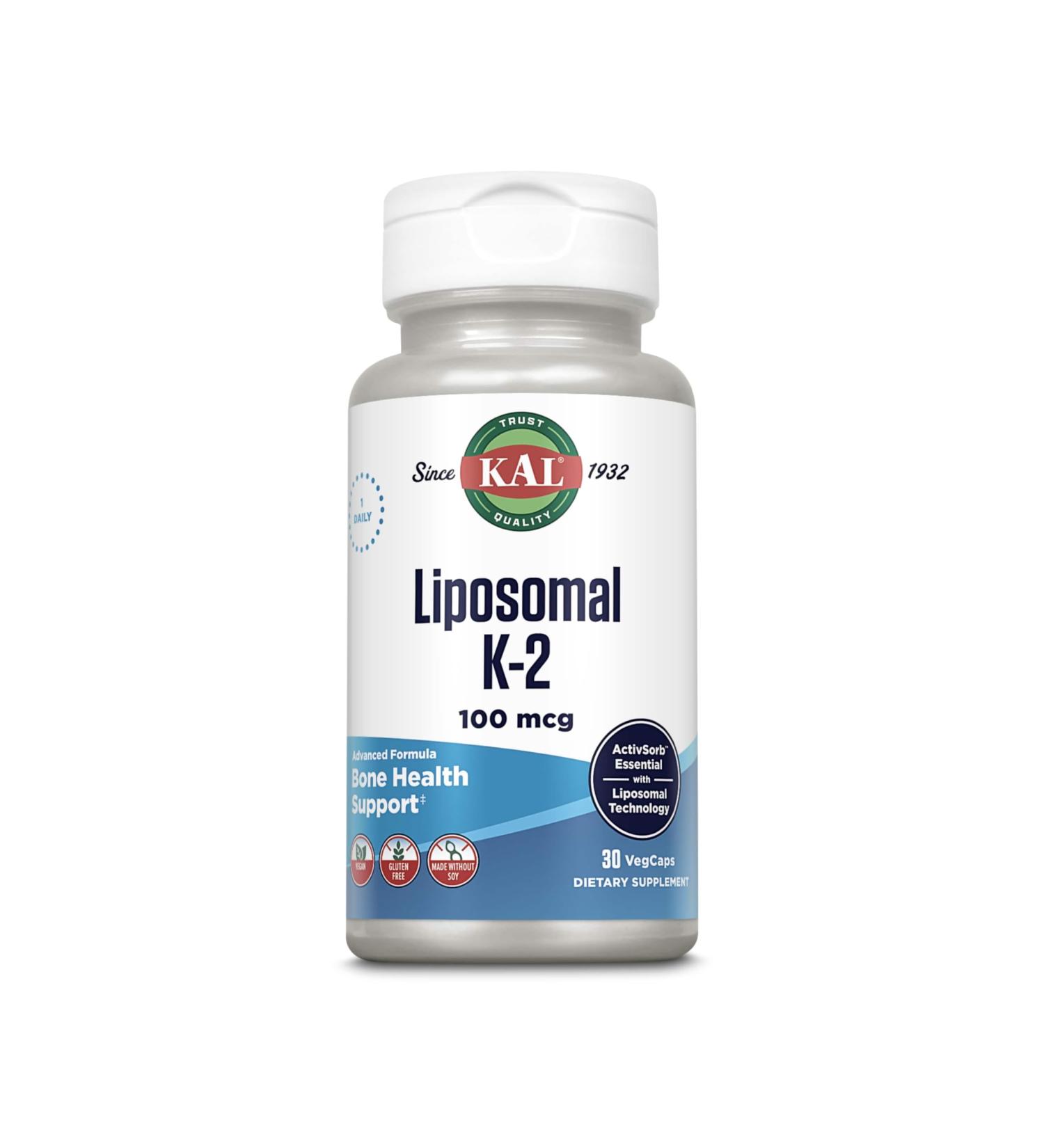 KAL Liposomal Vitamin K2 Supplement with MK7 100 mcg - High Absorption Liposomal Technology - Advanced Bone Support - Vegan Gluten Free Made Without Soy 30 Servings 30 VegCaps - Buy Online on GoSupps.com