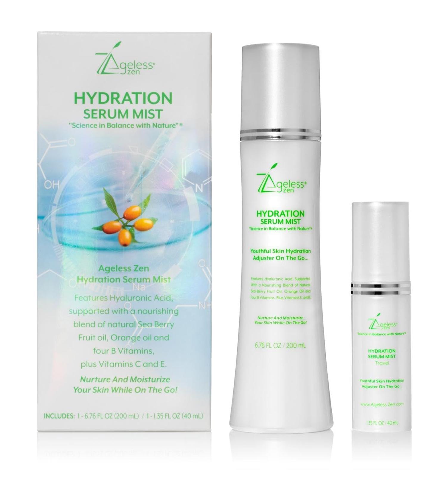 Ageless Zen Hydrating Serum Mist (6.26 + 1.35) FL OZ - (Comes with Refill) - Improves Tone & Texture Calms hydrates refreshes Sensitive Skin - Hyaluronic Acid Serum E Vitamins - Anti-Wrinkle - Buy Online on GoSupps.com
