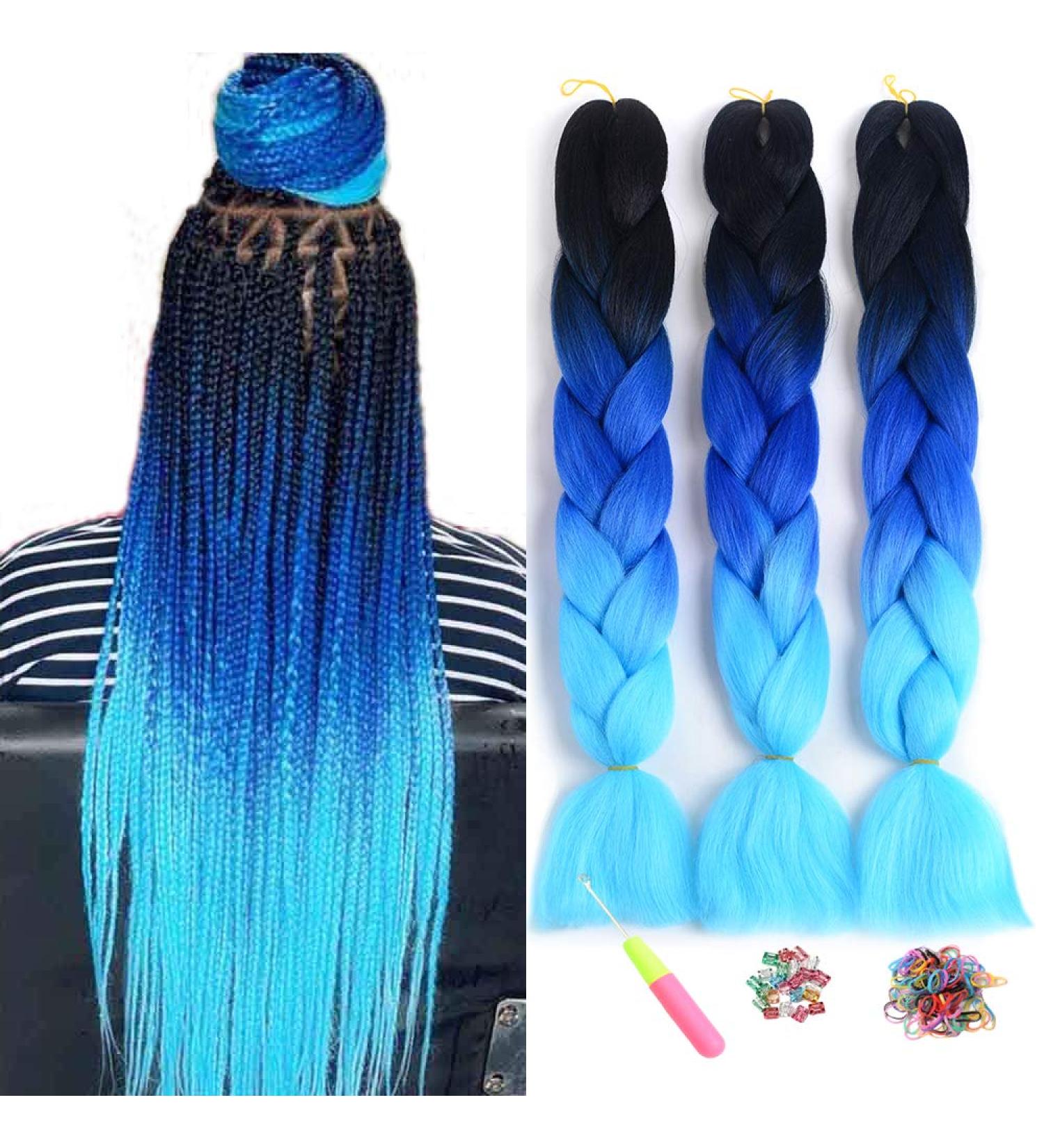 Showjarlly Kanecalon Hair Extensions - Ombre Jumbo Braids & Box Braids | 24-inch Kanecalon Braid Hair in Black Royal Blue & Heaven Blue - Buy Online on GoSupps.com