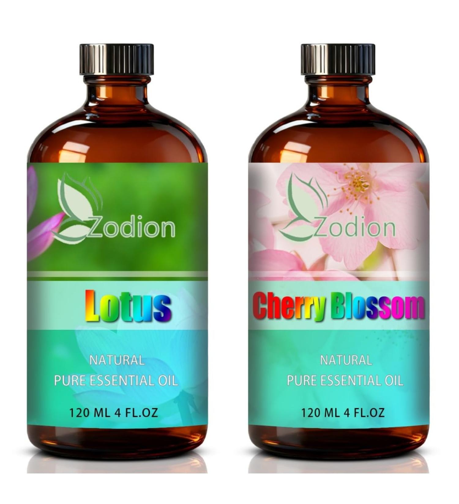 Cherry Blossom Essential Oil 4 Fl Oz and Lotus Essential Oil 4 Fl Oz - ZODION Cherry Blossom & Lotus Oil for Diffuser Aromatherapy Home Fragrance Skin & Hair Care DIY Candle & Soap Making Yoga - Buy Online on GoSupps.com