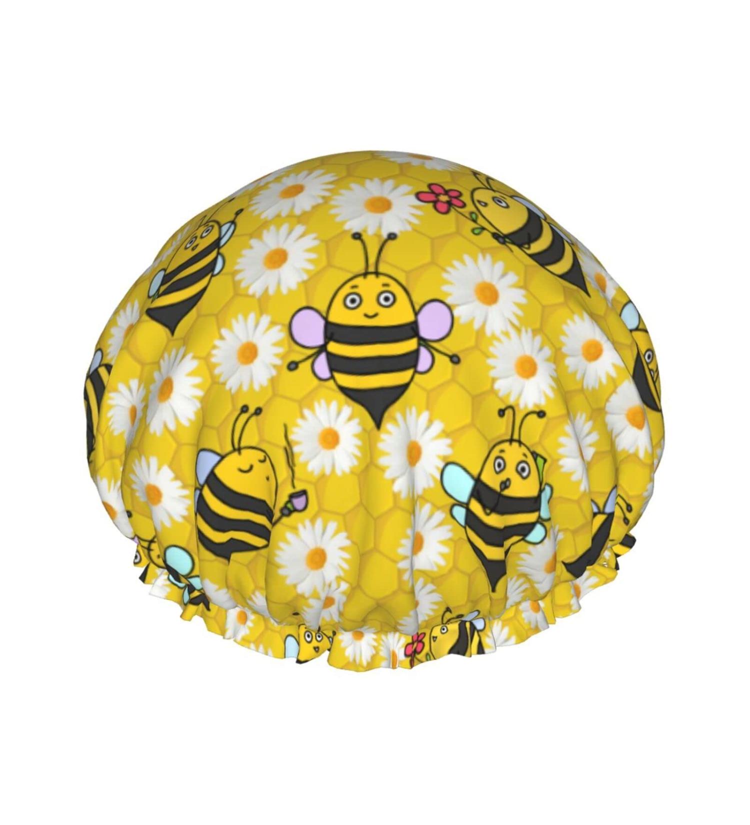 Cute Bee and Flowers Pattern Shower Cap for Women - Reusable Long Hair Cap with Elastic Band - Double Layer Bathing Hat for Adults and Kids - Buy Online on GoSupps.com
