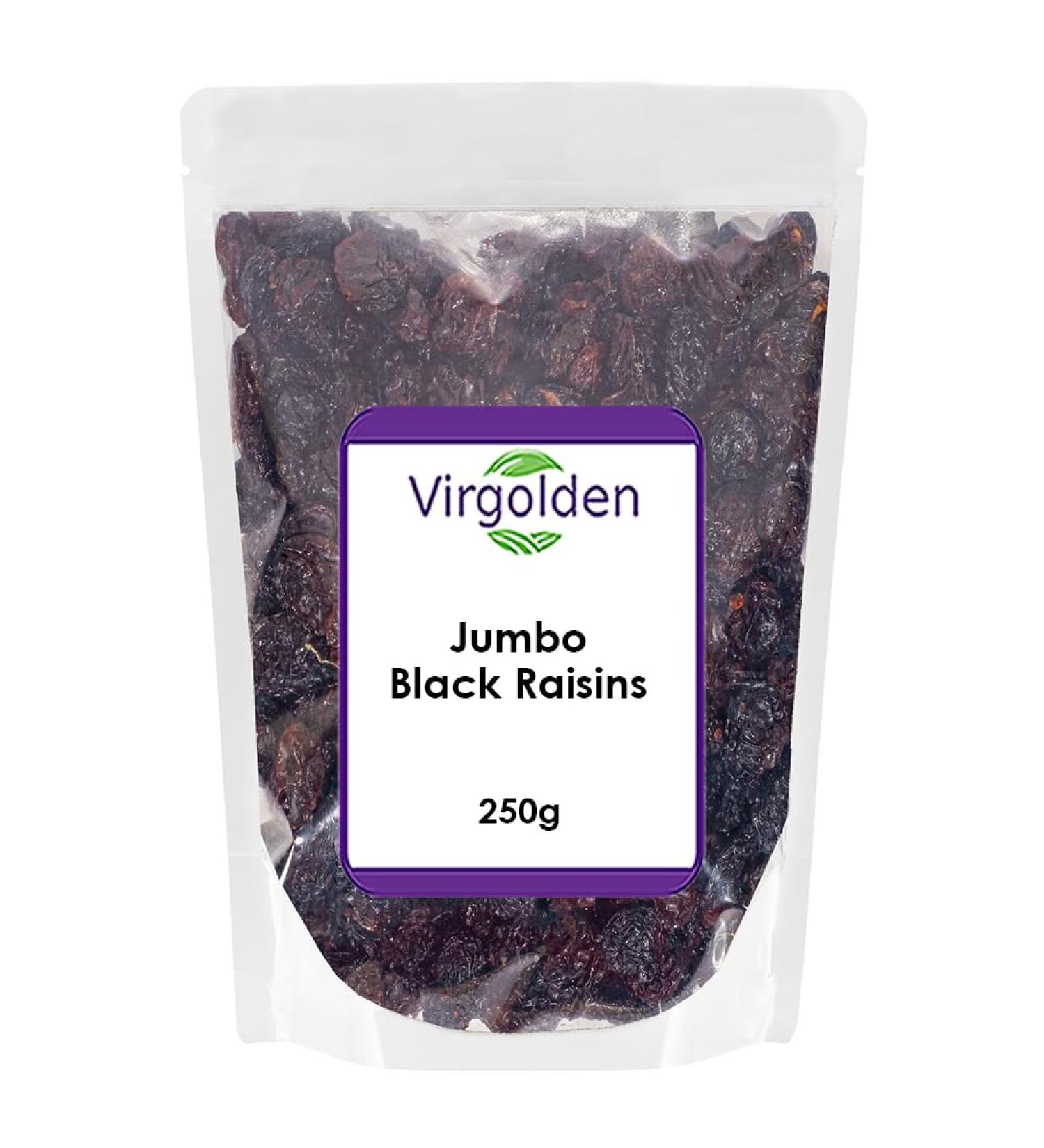 Jumbo Black Raisins 250g by VirgoldenSource of Fibre Suitable for Vegetarians Baking Desserts Vegan Cakes Cookies Tart Breakfast Granolo