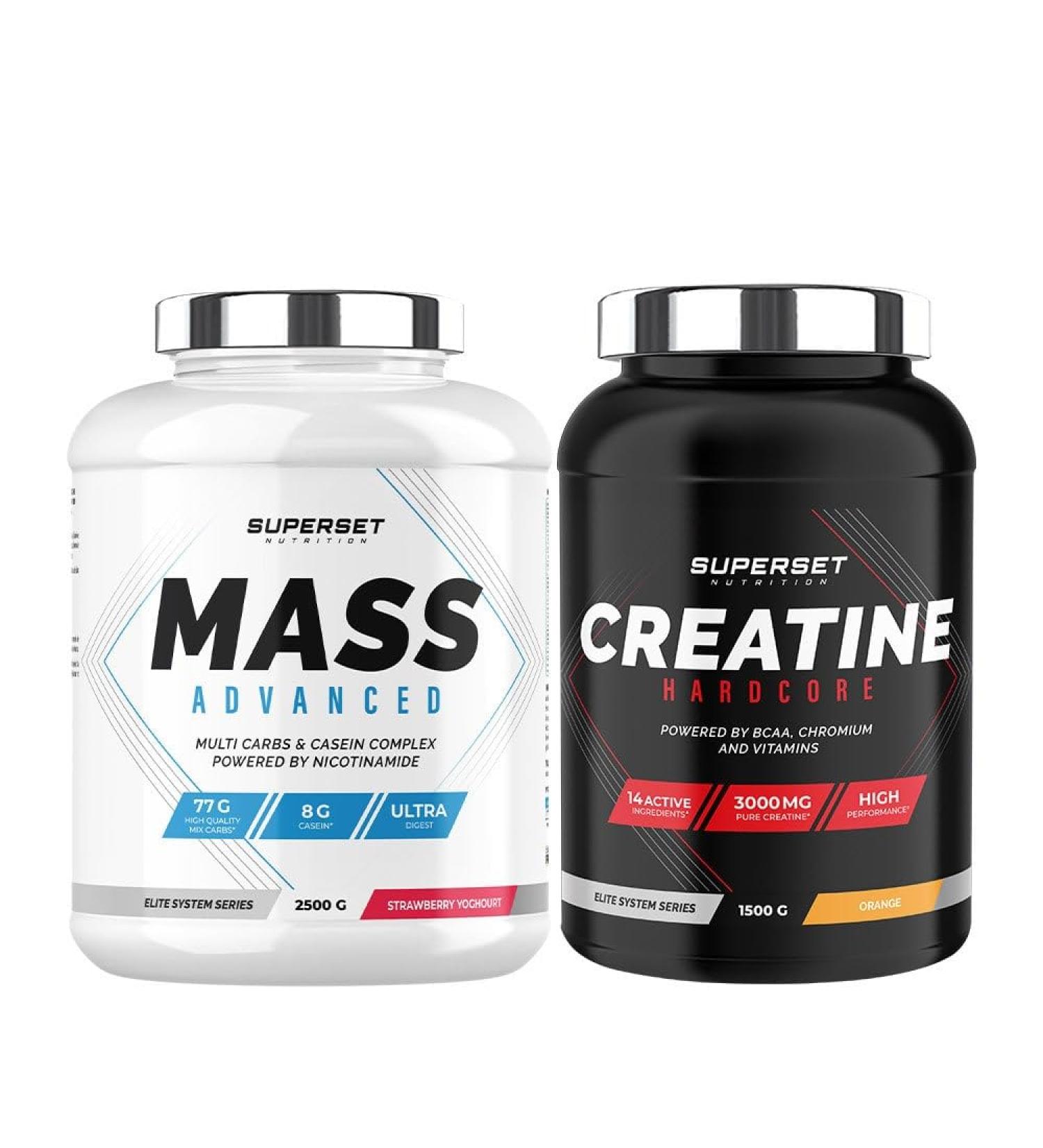 Superset Nutrition | Advanced Mass Gain Program - Mass Advanced 2.5kg Strawberry Yogurt - Creatine Hardcore 1.5kg Orange | Gain muscle mass and volume in just 4 weeks - Buy Online on GoSupps.com