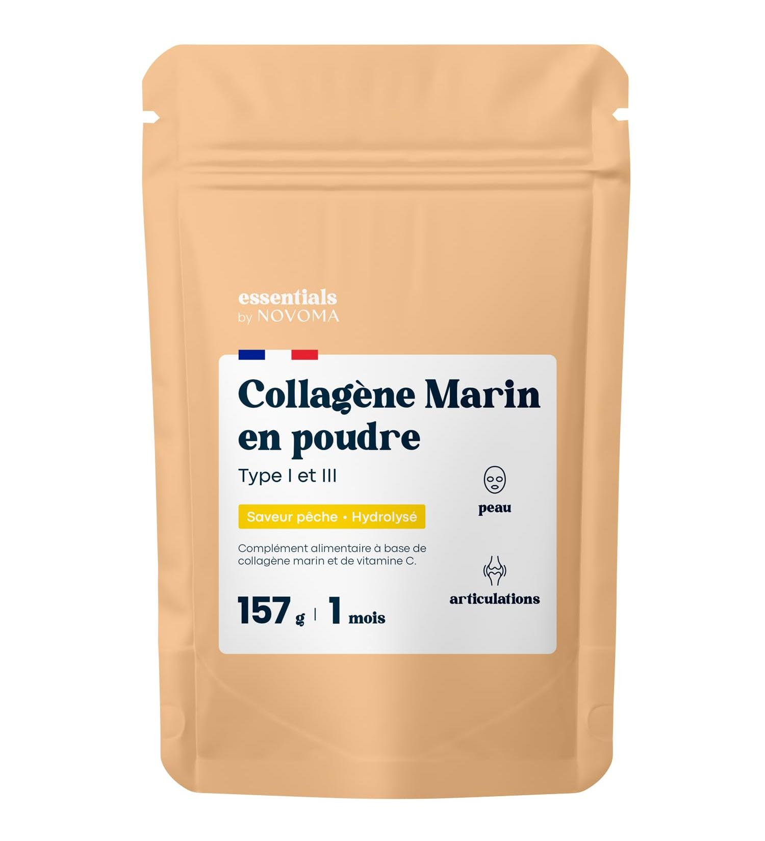 Collagene Marin Poudre Type 1 et 3 Saveur P che Peptides Hydrolys s 2000 DA Peau Hydrat e & Articulations Souples Sachet 157g 5g par jour Cure de 30 jours Essentials by Novoma - Buy Online on GoSupps.com