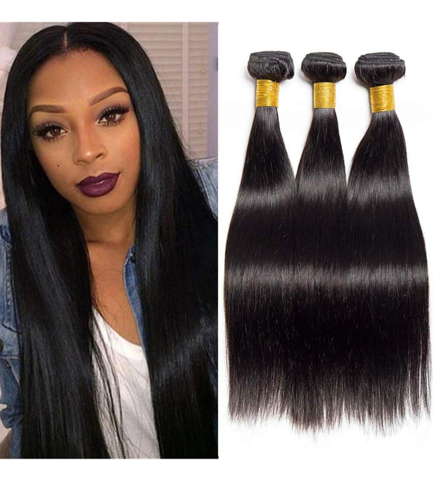 100% Brazilian Virgin Straight Hair Bundles - 16 Inch Remy Weft Extensions for Women - Natural Black 3 Bundle Set - Buy Online on GoSupps.com