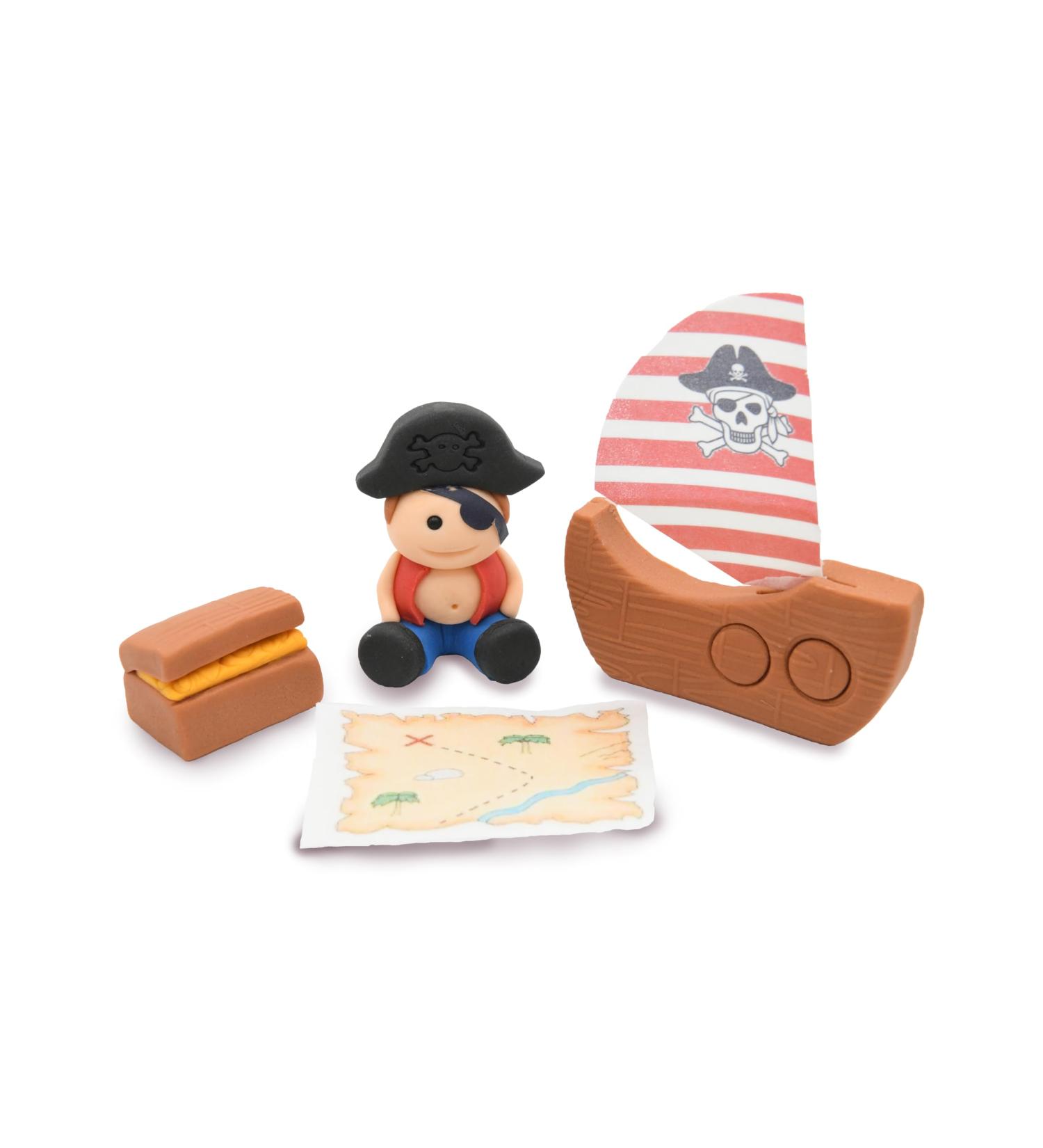 4x Edible Pirate Cake Toppers Set - Handmade Icing Fondant Pirate Ship Bag Map Birthday Baby Showers Cupcake Decor Supplies Comes with an Edible Glue - Buy Online on GoSupps.com