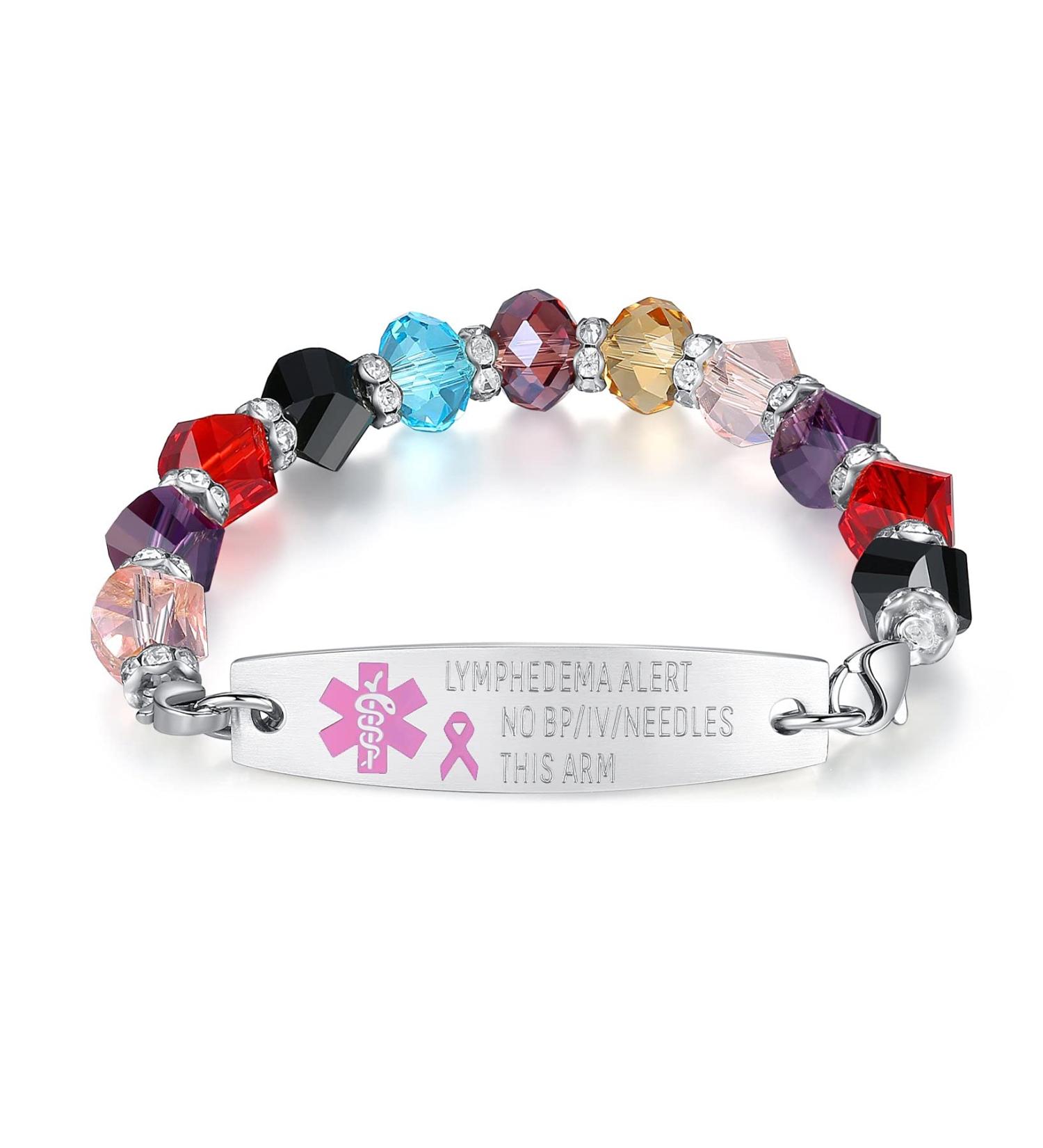 Custom Engraved Ladies Stretch Beaded Medical ID Bracelet - 7.5 Inch Interchangeable Alert Bracelet for Women - No BP/IV/Needles - Free Engraving - Buy Online on GoSupps.com