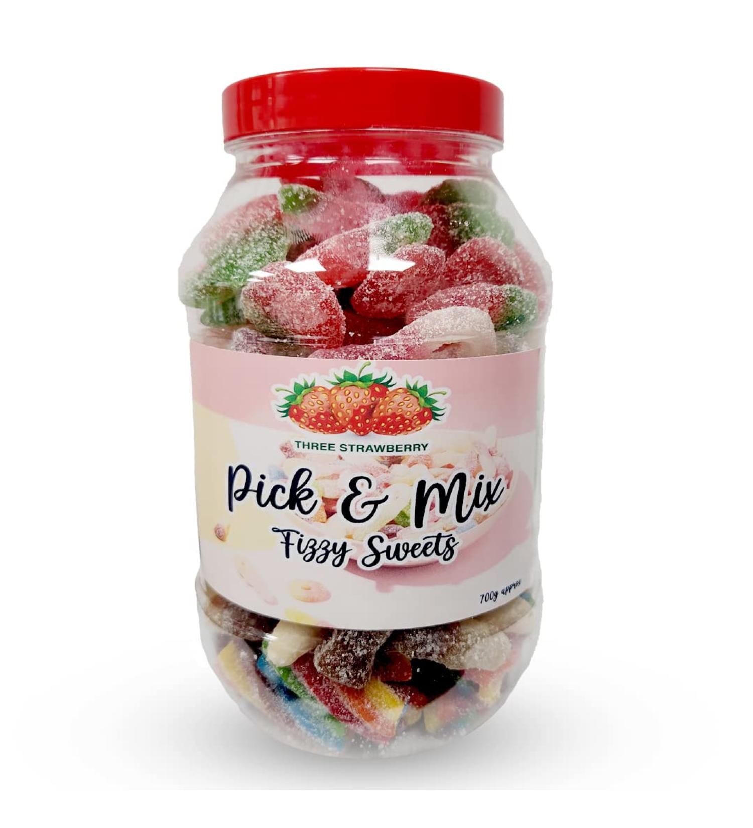 Three Strawberry Ltd. Mixed Quality Pick & Mix Sweets - Large Retro Candy Sweeties Assortment 700g Jar Jelly Fizzy Gift Pick n Mix
