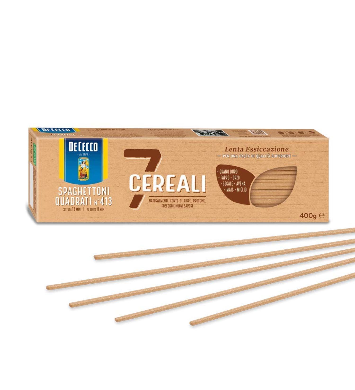 De Cecco Pack of 10 De Cecco 7 Cereali Quadrati spaghettoni no. 413 Pasta with 7 grains 100% Italian 400g