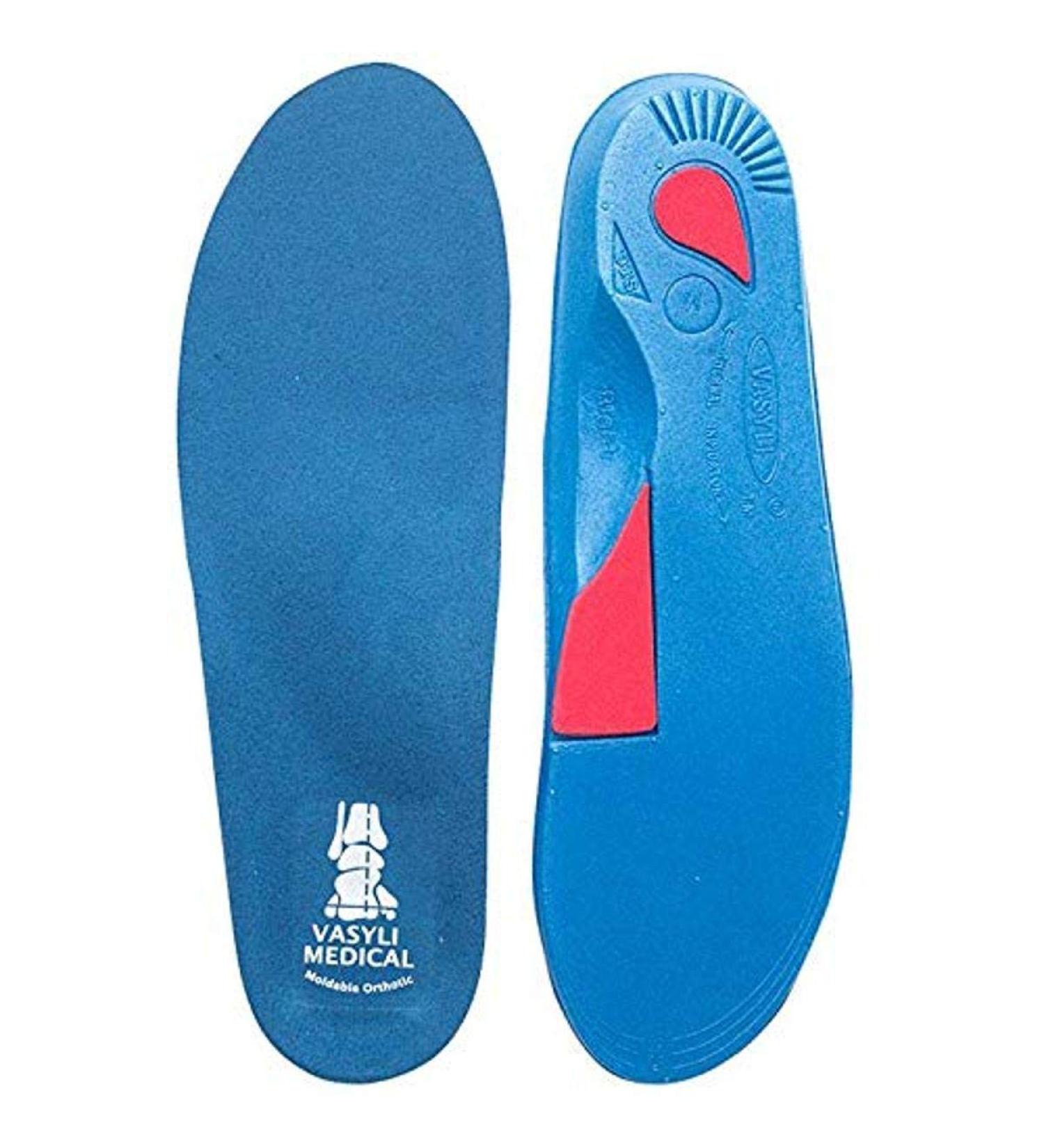 Vasyli Custom Full Length Insoles  Blue  Small  Heel Grid Reduces Slippage  Medium Density  Biomechanical Control  Effective Pain Relief  Treats Pronation  Built-in Rearfoot Varus Angle Blue Small