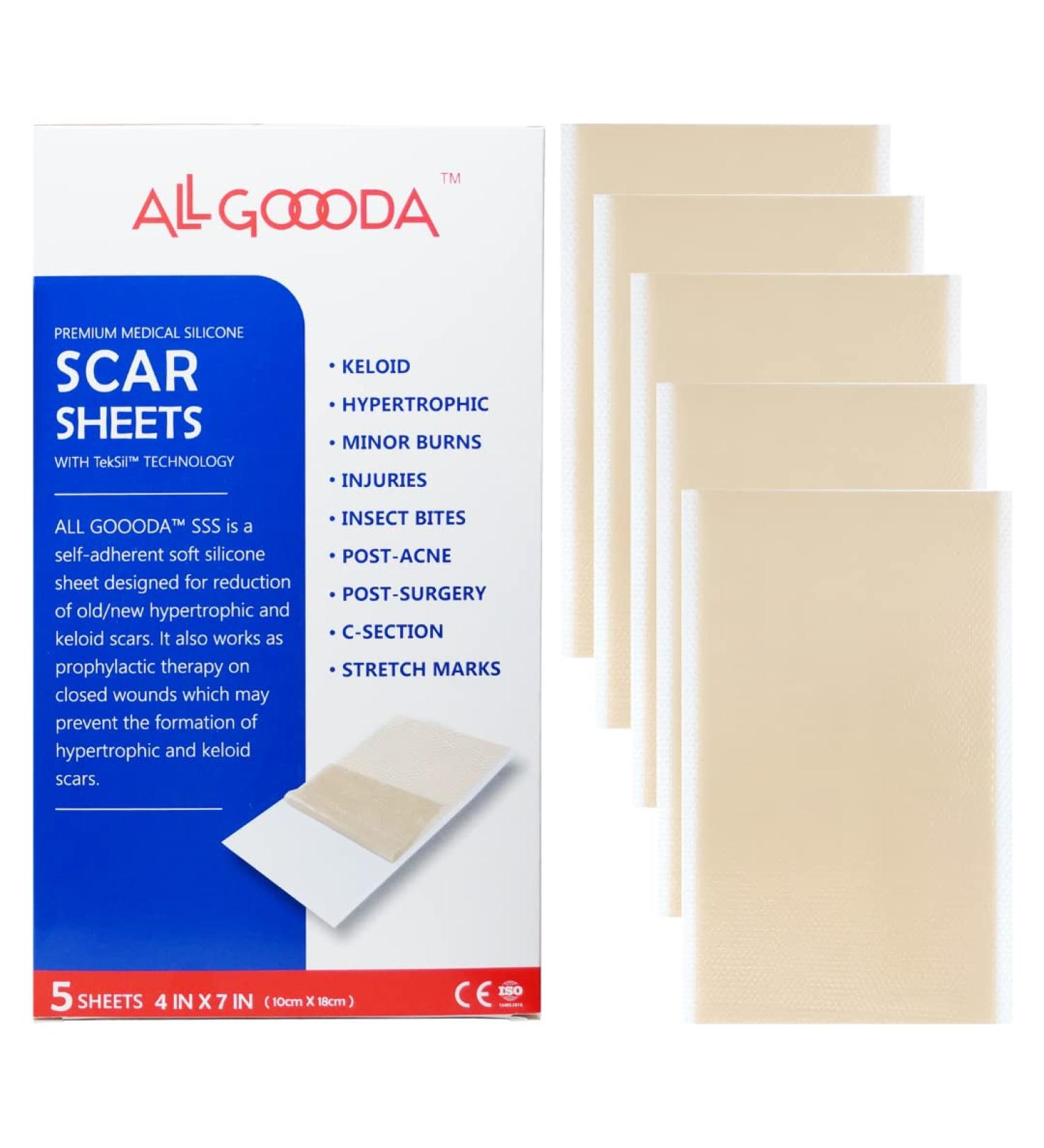GOOODA Silicone Scar Sheets Strips Tape 4x7.5 - 5 Sheets | Scar Removal & Reduction for Surgical Treatment, Keloids, Burns, Tummy Tuck, Acne, C-Section, Stretch Marks | Silicone Cream - Buy Online on GoSupps.com