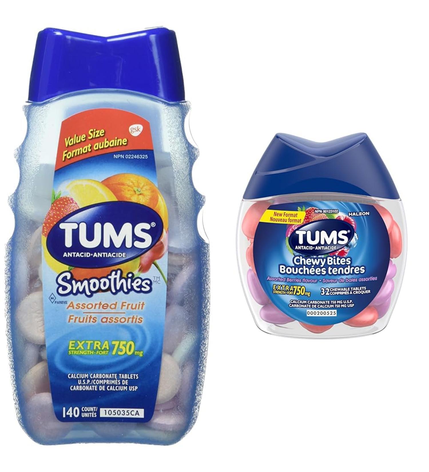 TUMS Extra Strength Smoothies for Heartburn Relief Assorted Fruit 140 tablets & Chewy Bites Assorted berries flavour Antacid for Heartburn Relief 32 Count - Buy Online on GoSupps.com