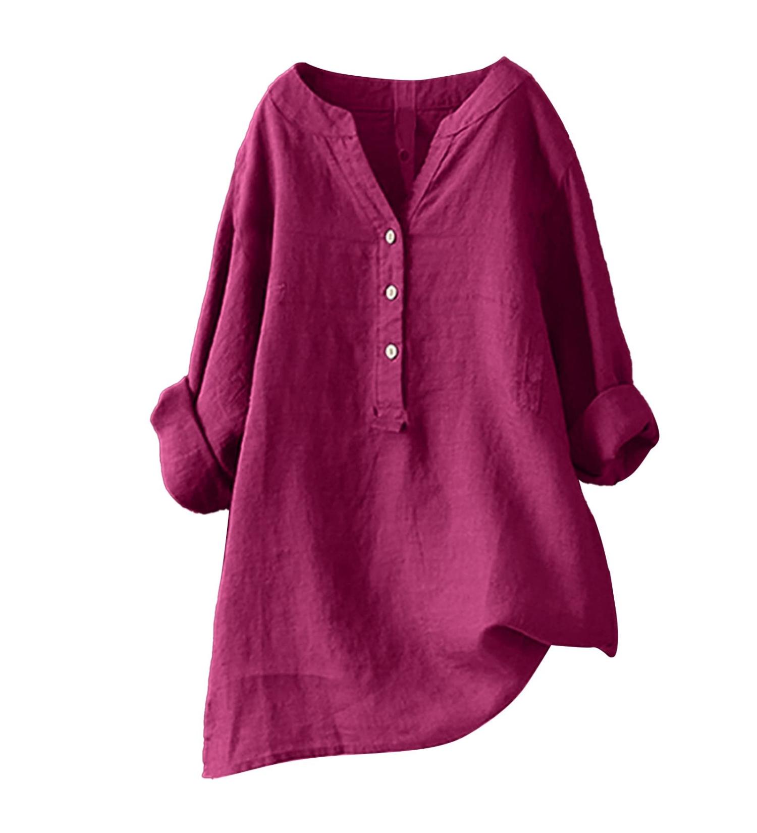 Womens Cotton Linen Shirts Casual Short Sleeve V Neck Blouse Button Down Ladies Business Office Work Loose T-Shirts Comfy Summer Tee Shirts 3320-qppoj-wine-f XL - Buy Online on GoSupps.com