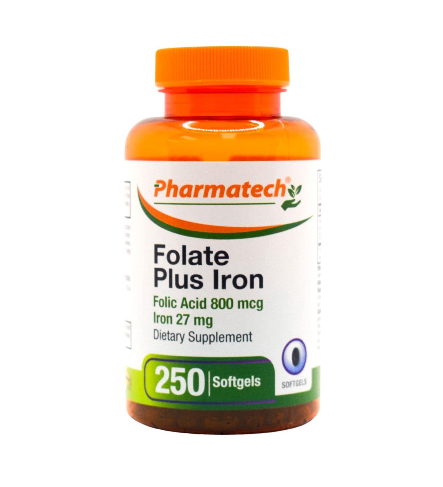 PHARMATECH Folic Acid Supplement 800mcg + Iron 27mg, Vitamin B9, Prenatal Folate, Fast Absorption - 250 Softgels - Buy Online on GoSupps.com