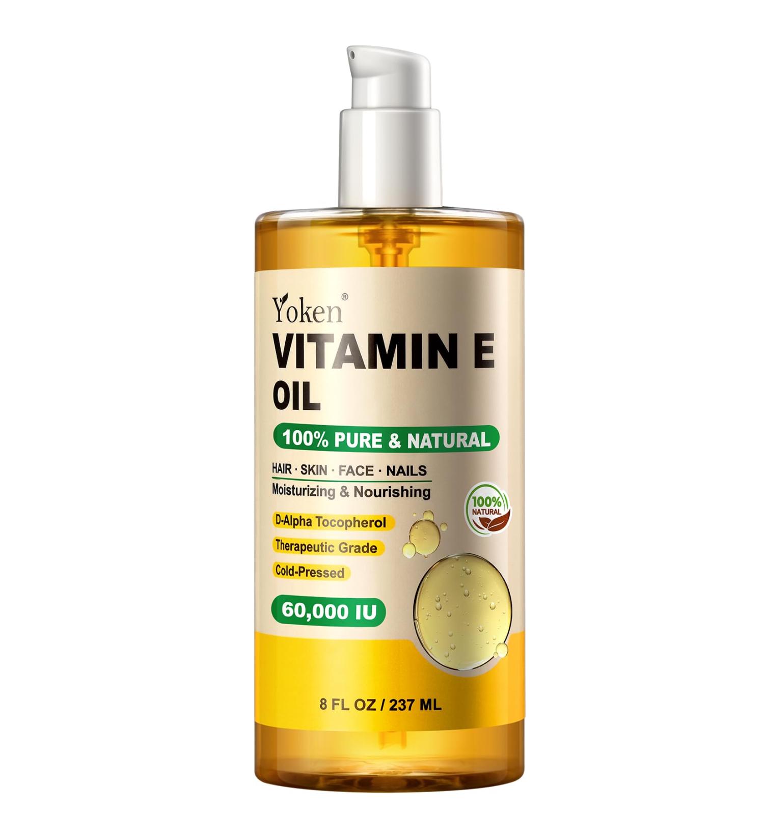 Yoken Vitamin E Oil 8 Fl Oz - Organic Cold Pressed Oil for Skin Hair and Scars - 60 000 IU Non-GMO Gluten Free Bath & Body Essential - Buy Online on GoSupps.com
