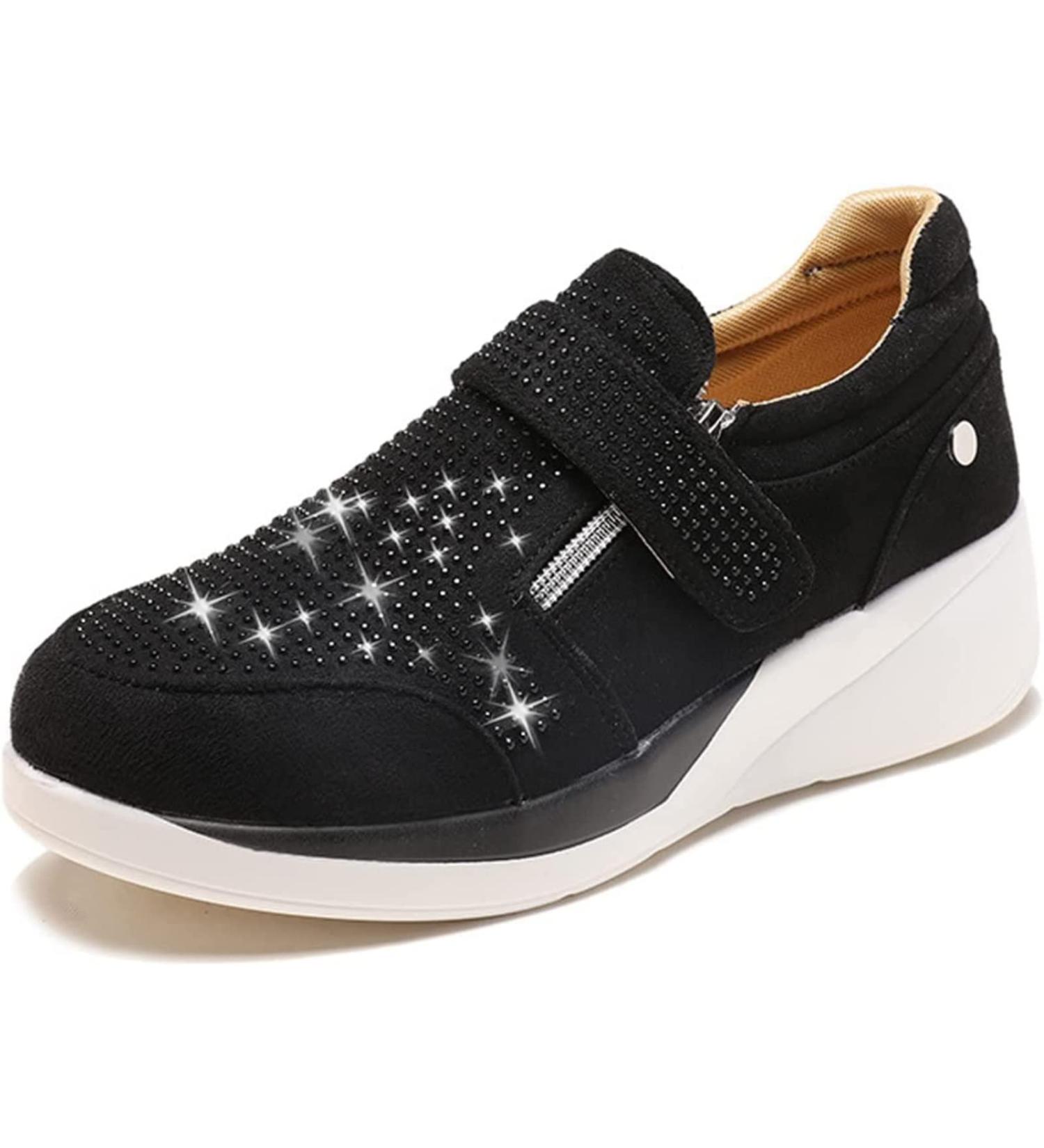Women's Orthopedic Rhinestone Sneakers - Arch Support, Walking Fashion, Glitter Bling, Velcro Closure - Black, Size 7 - Buy Online on GoSupps.com