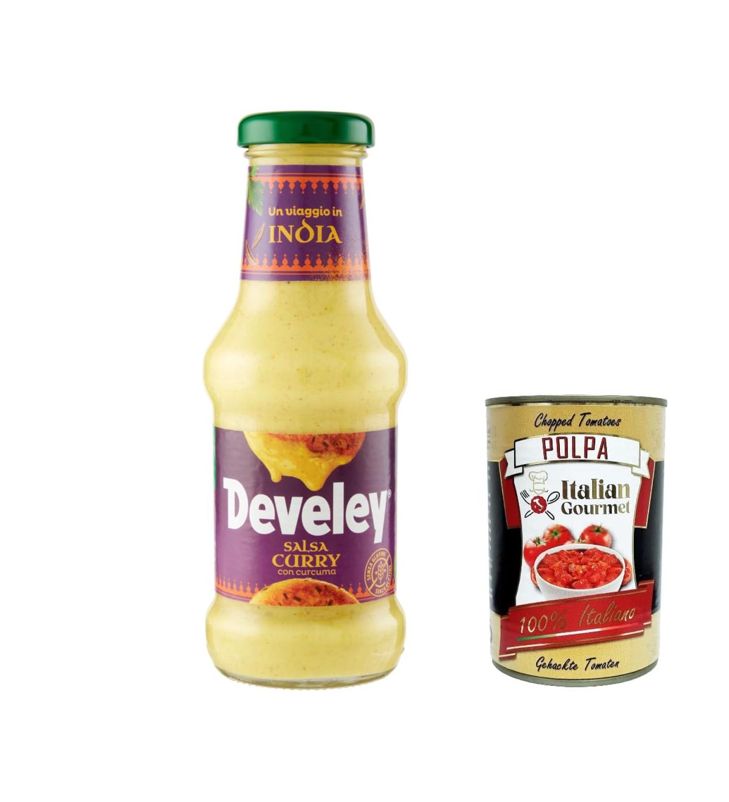  Italian Gourmet E.R. Develey Salsa Set of 6 Curry and Turmeric Sauces ideal for chicken rice or fish 250ml + Gourmet Italian Polpa 400g - Buy Online on GoSupps.com