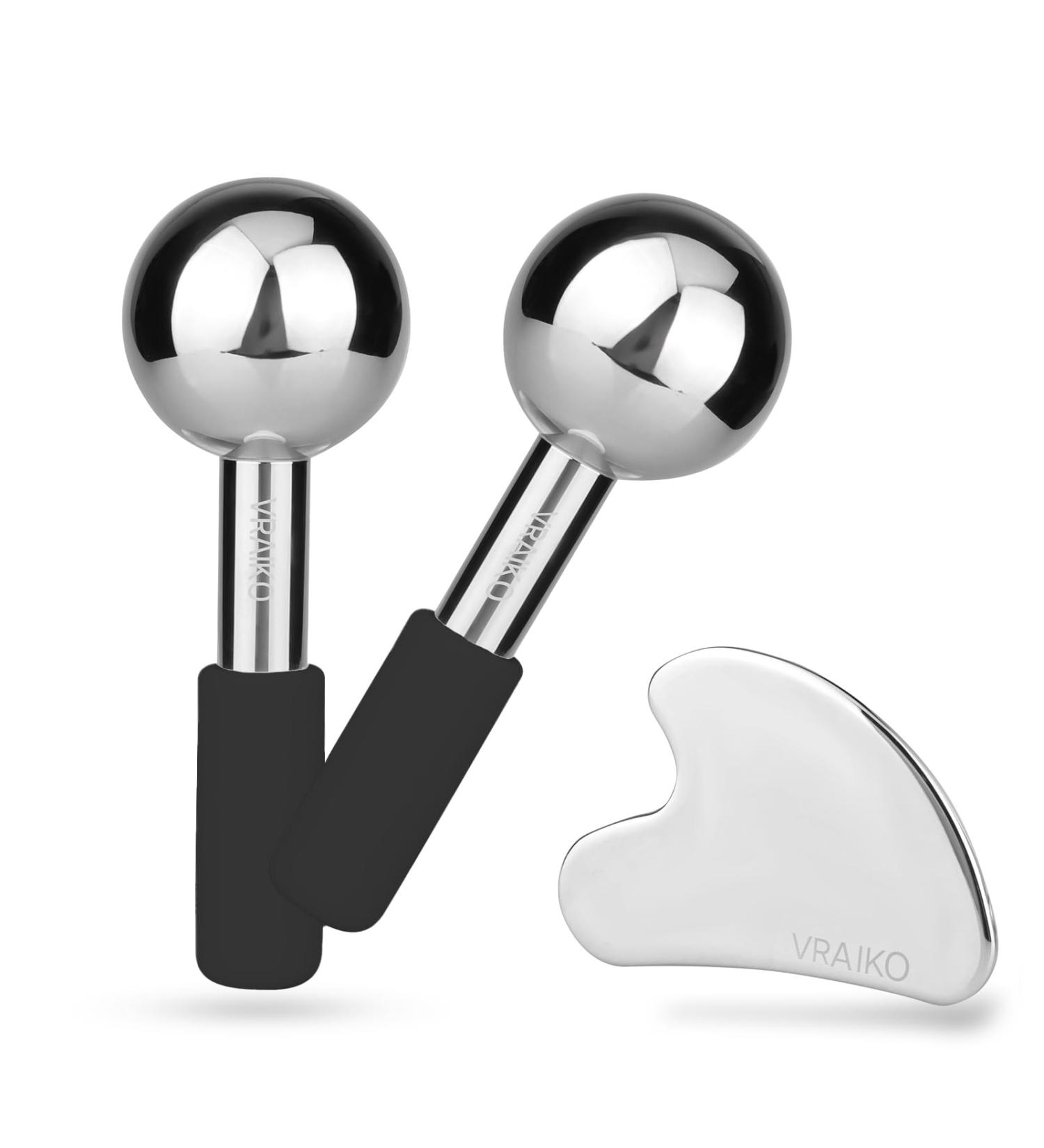 ICE Globes & Gua Sha Set - Unbreakable Steel Facial Tools for Dark Circles Puffiness & Lymphatic Drainage | Face Massager Cooling Rollers (Black - Buy Online on GoSupps.com