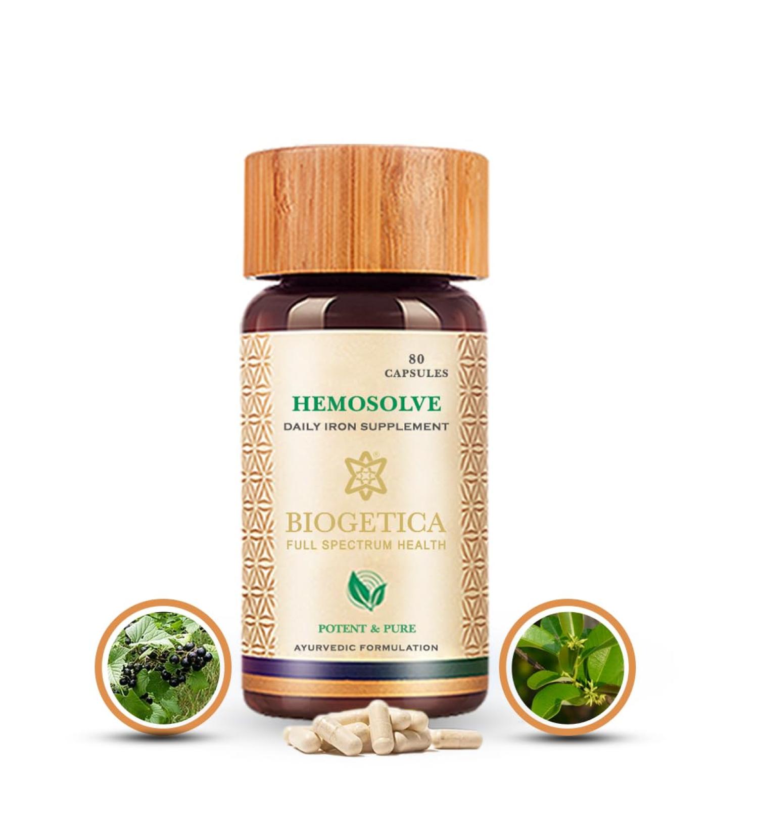 Biogetica Hemosolve Herbal Daily Iron Supplement with Kassisa Mineral and Sarsaparilla Root - Non-GMO - 100% Vegan Ayurveda Supplement - 80 Capsules - Buy Online on GoSupps.com