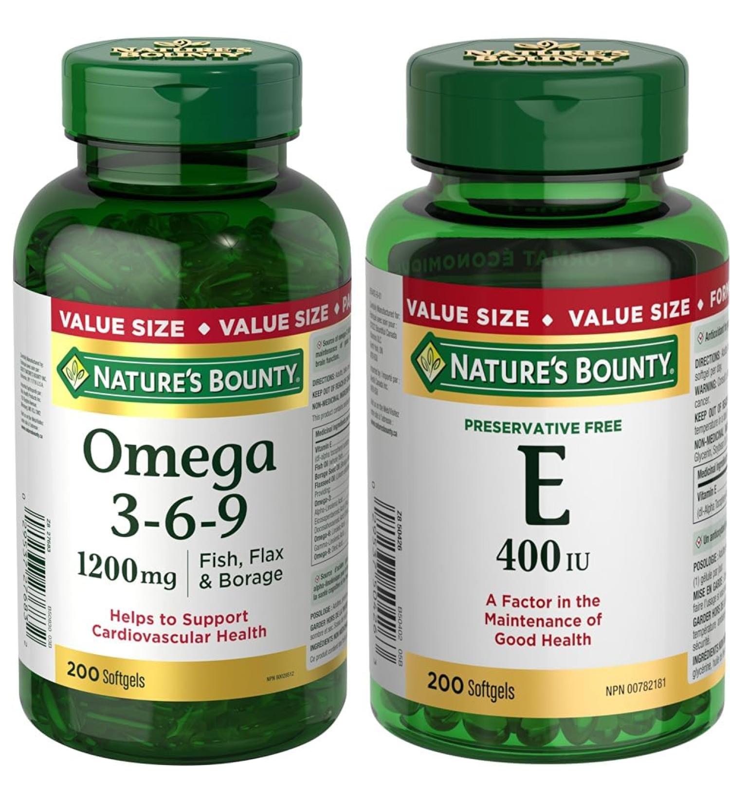 Nature's Bounty Omega 3 6 9 Fish Oil 1200mg Pills Supplement & Vitamin E Pills And Supplement Helps Maintain Health 400Iu 200 Softgels Supplement + Vitamin E Pills - Buy Online on GoSupps.com