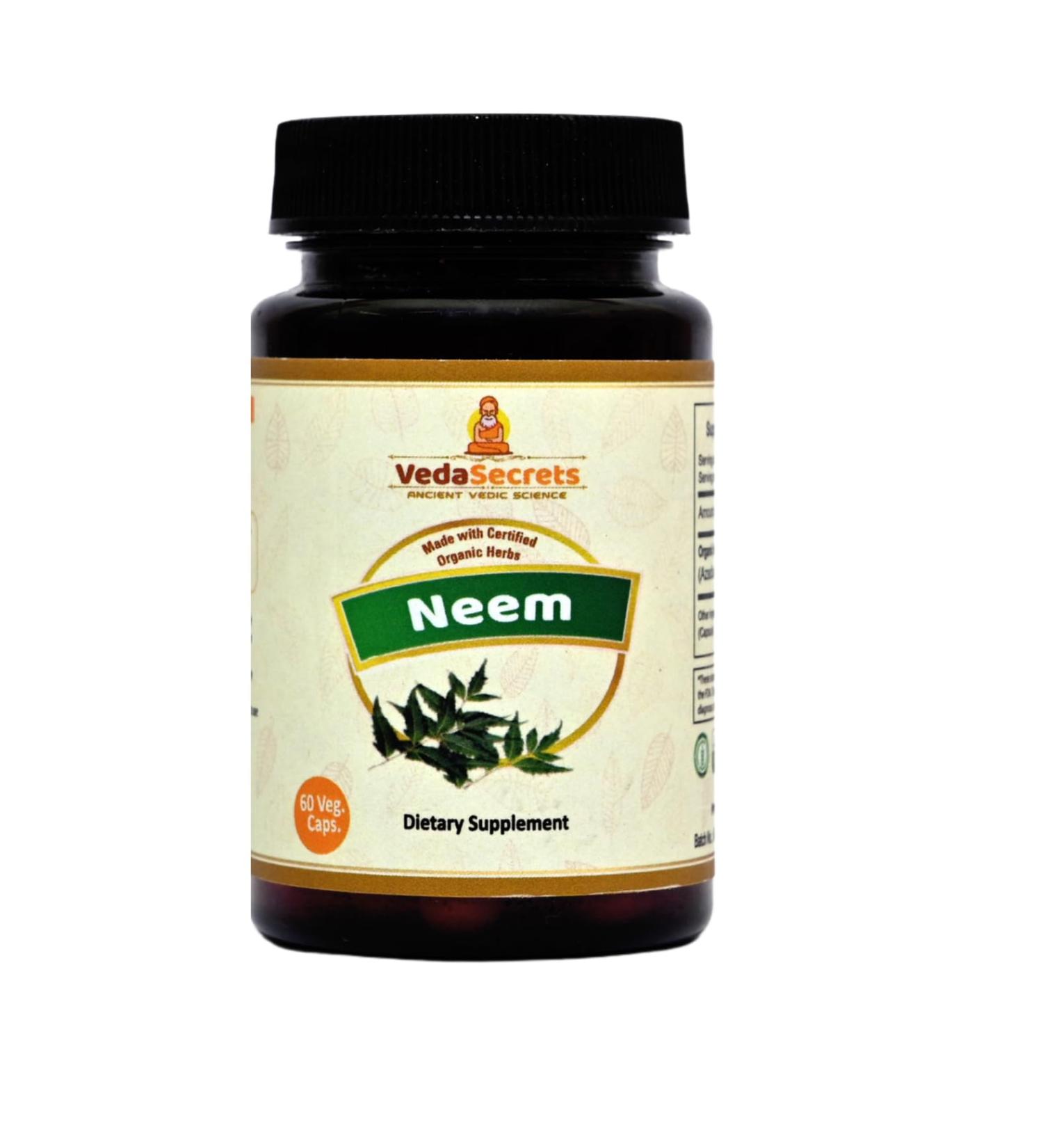 VedaSecrets Neem Capsules 60 Count | Azadirachta Indica | Made with Organic Neem Powder | Herbal Supplement | Ayurvedic Nutrition | Natural Wellness | Detox & Immune Support | Skin & Hair Health - Buy Online on GoSupps.com