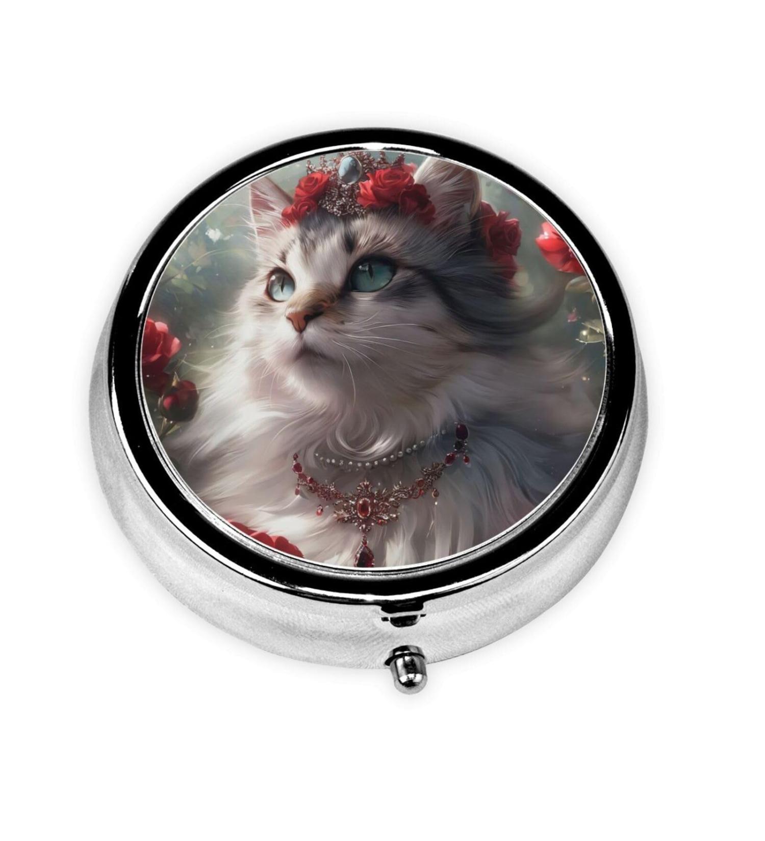 Cat Wearing Crown Portable Metal Pill Box - 3 Compartment Travel Case for Small Pills - Buy Online on GoSupps.com
