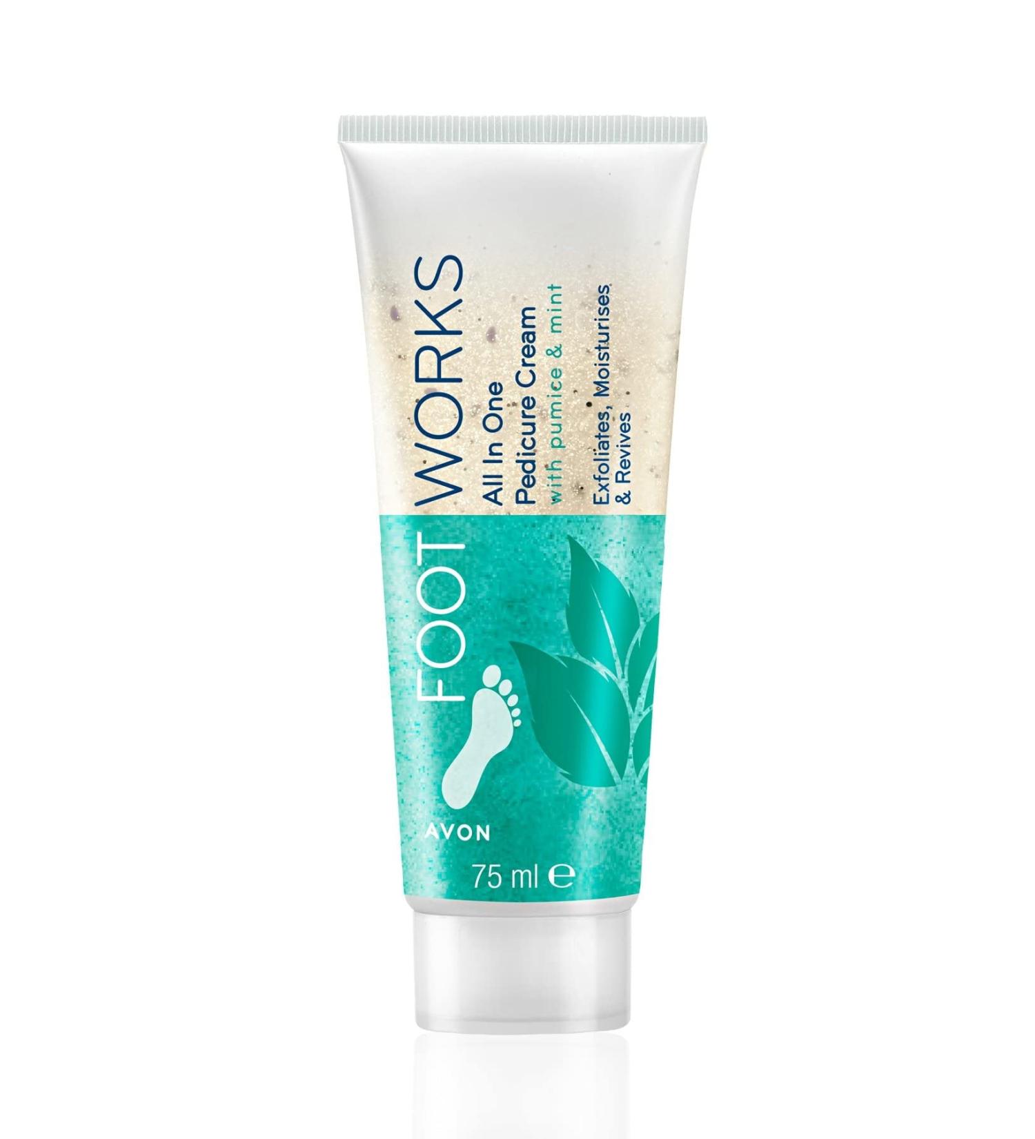 Avon Footworks All in One Pedicure Cream with Pumice and Mint Scrub Moisturizes and Revives 75 ml
