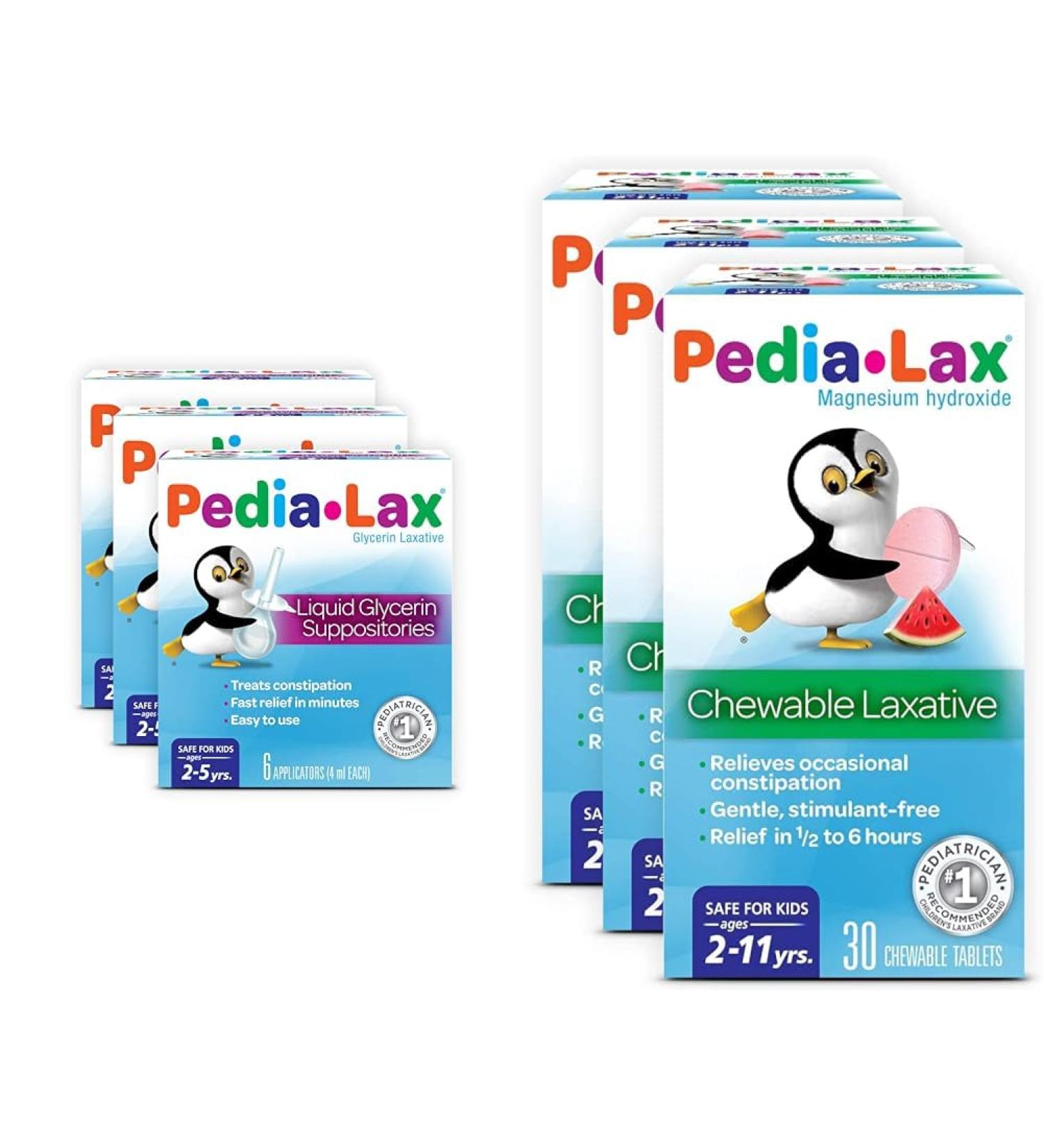 Pedia-Lax Laxative Liquid Glycerin Suppositories for Kids Ages 2-5 6 CT 3 Pack and Chewable Tablets for Kids Ages 2-11 Watermelon Flavor 30 Count 3 Pack Bundle - Buy Online on GoSupps.com