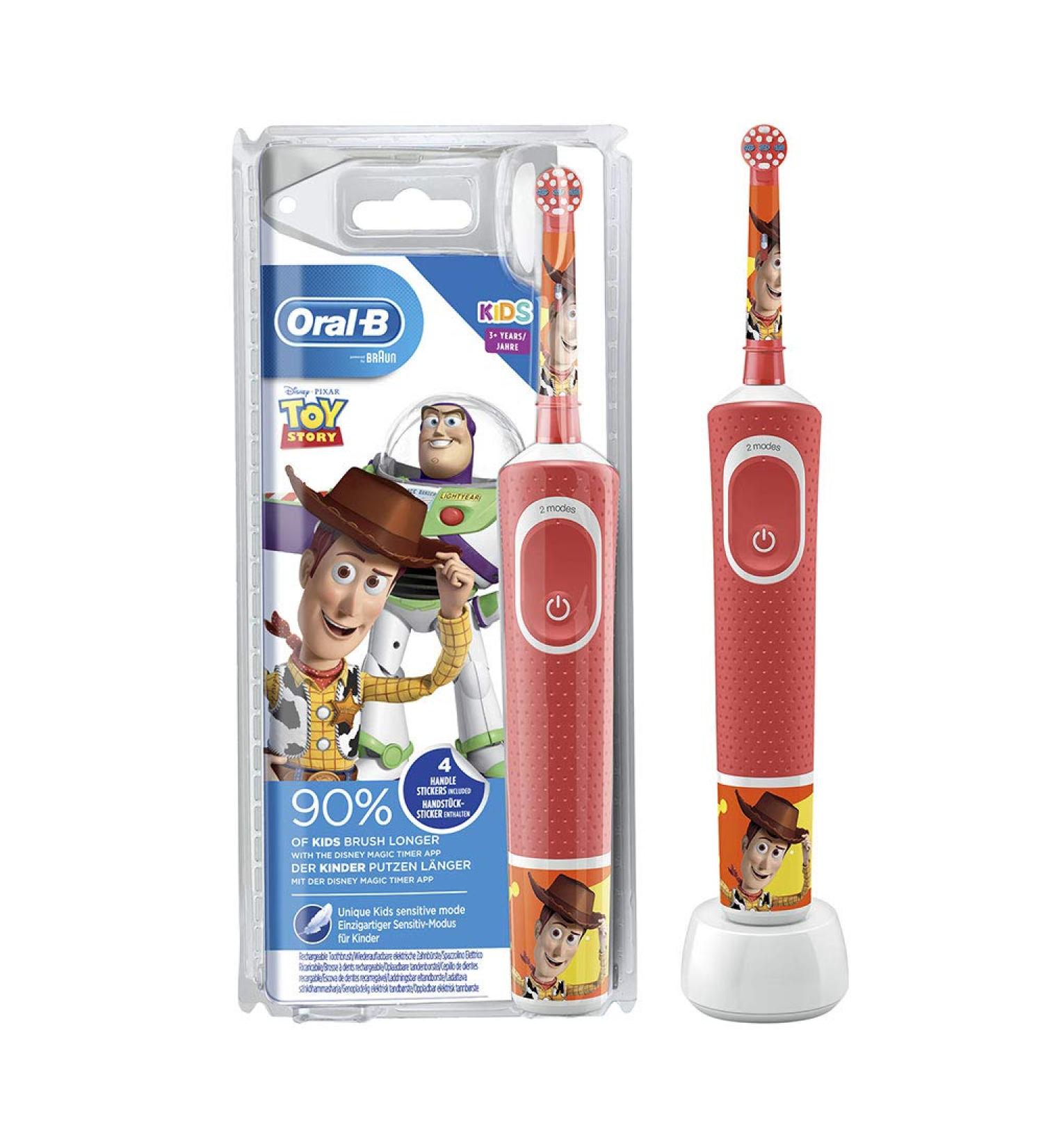 Oral-B Kids Toy story electric toothbrush for children from 3 years small brush head & soft bristle 2 cleaning programs including sensitive timer 4 disney stickers red