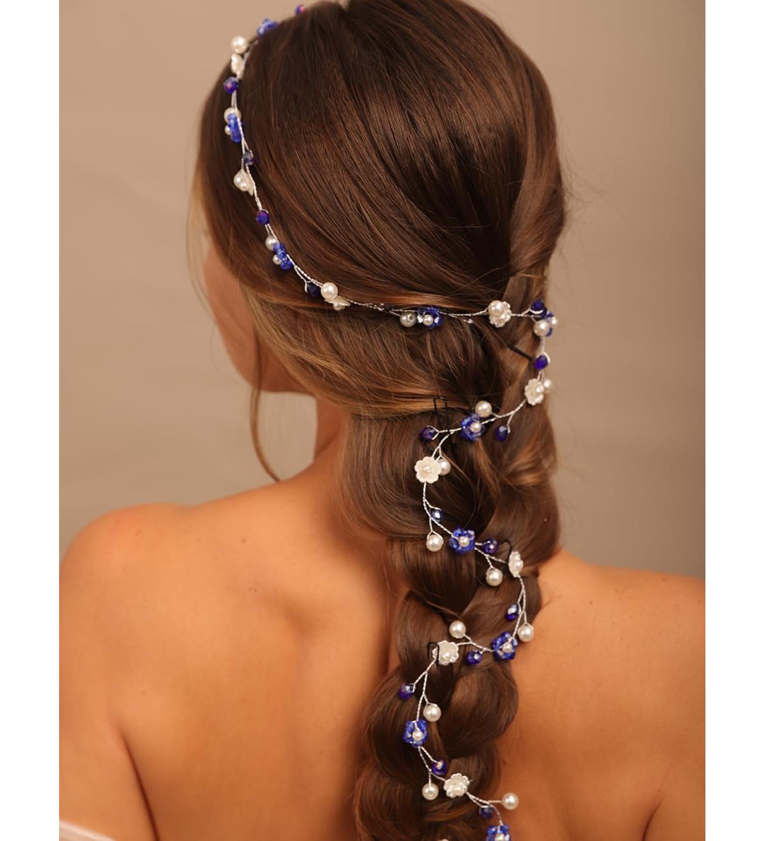 BERYUAN Women Girls Flower Pearls Wedding Hair Vine Blue Rhinestone Pearls Wedding Headpiece Silver Bridal Hair Vine Silver Wedding Hair Accessories for Wedding Women and Girls - Buy Online on GoSupps.com