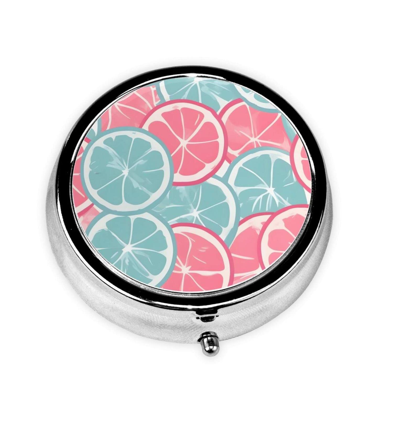 Pink Blue Citrus Slices Round Pill Box | 3-Compartment Portable Organizer for Purse & Pocket | Travel-Friendly Pill Storage - Buy Online on GoSupps.com