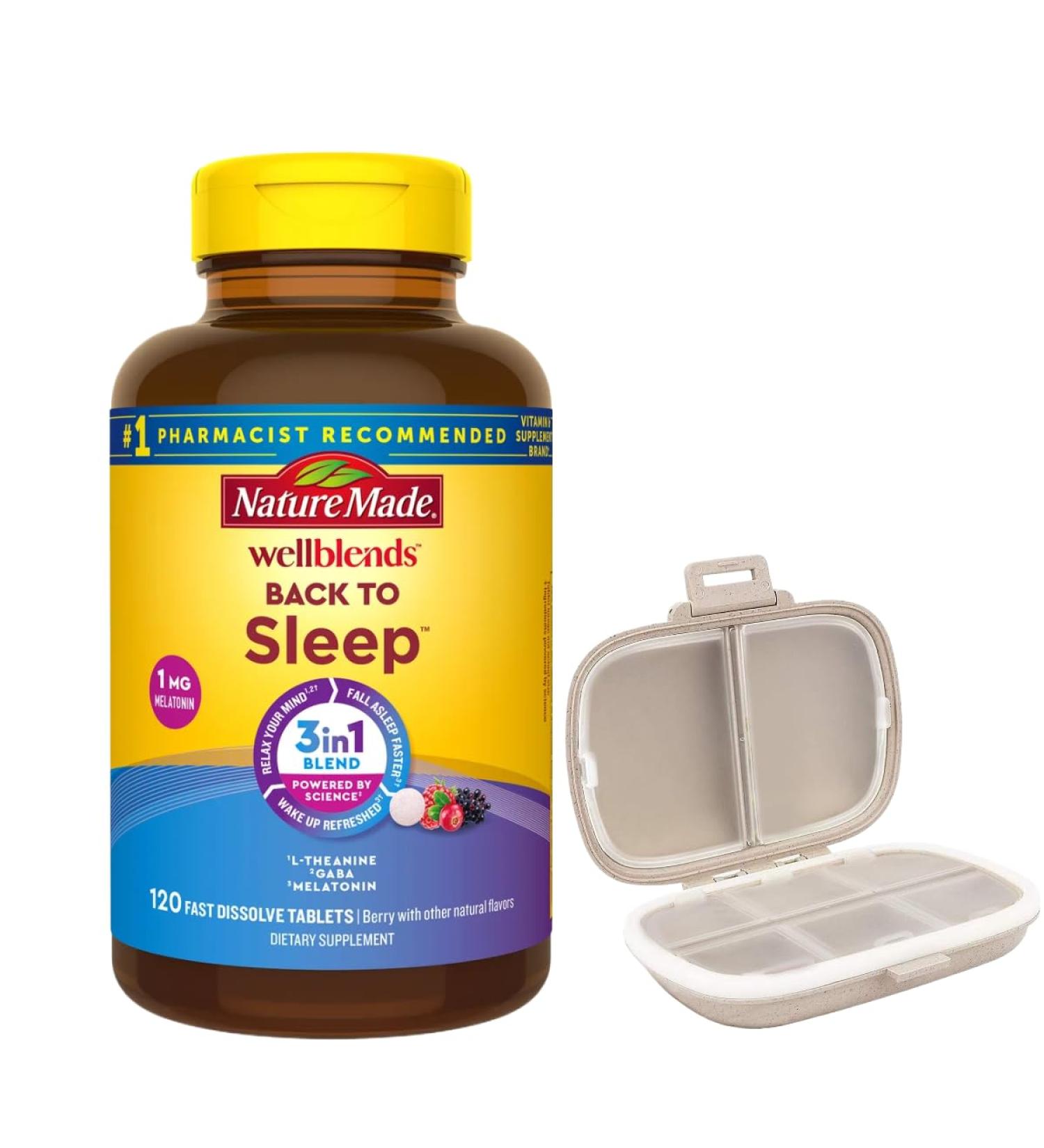 Nature Made Wellblends Back to Sleep 120 Fast Dissolve Tablets Lower Dose Melatonin 1 mg L theanine 100 mg and GABA 100mg Sleep Supplement Bundle with a Pill Oragnizer (2 Items) - Buy Online on GoSupps.com