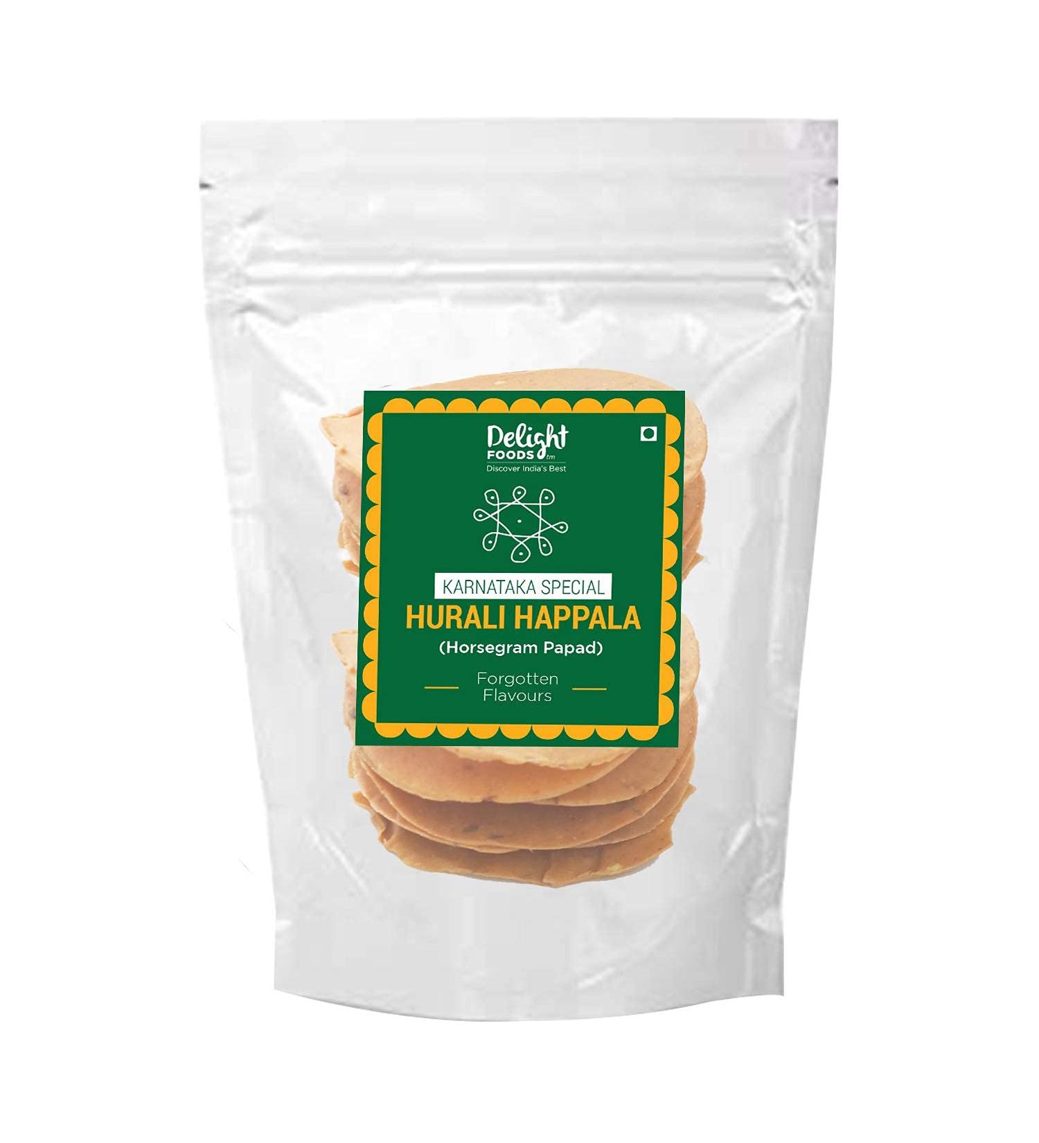 Delight Foods Karnataka Special Papads & Fried Accompaniments (Hurali Happala (Horse Gram Papad) 340g) - Buy Online on GoSupps.com