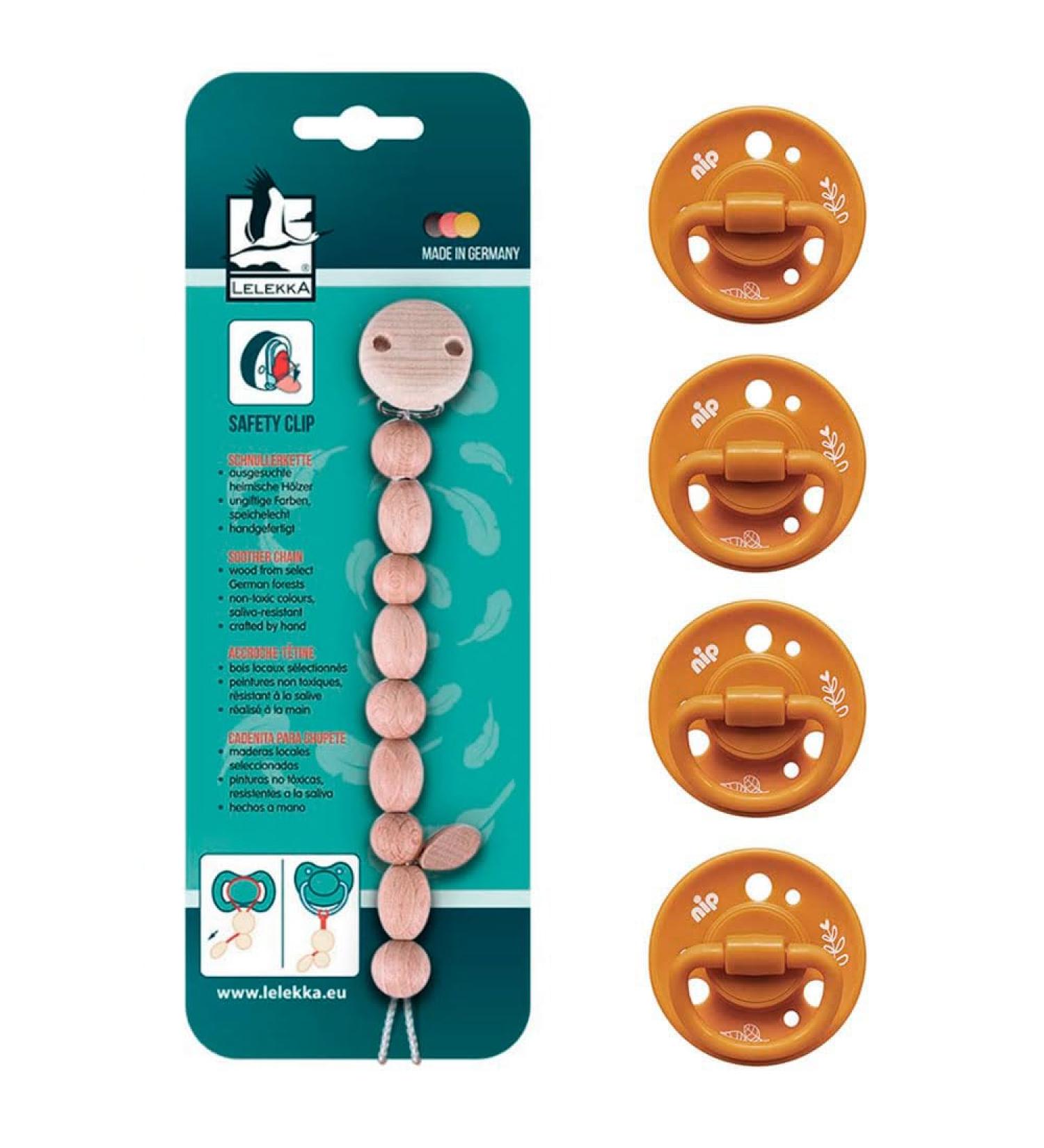 NIP Cherry Round Teat Pacifier Set - 4 Pieces Unisex Size 1 (0-6 Months) - Yellow Mustard with Pacifier Strap | International Shipping - Buy Online on GoSupps.com