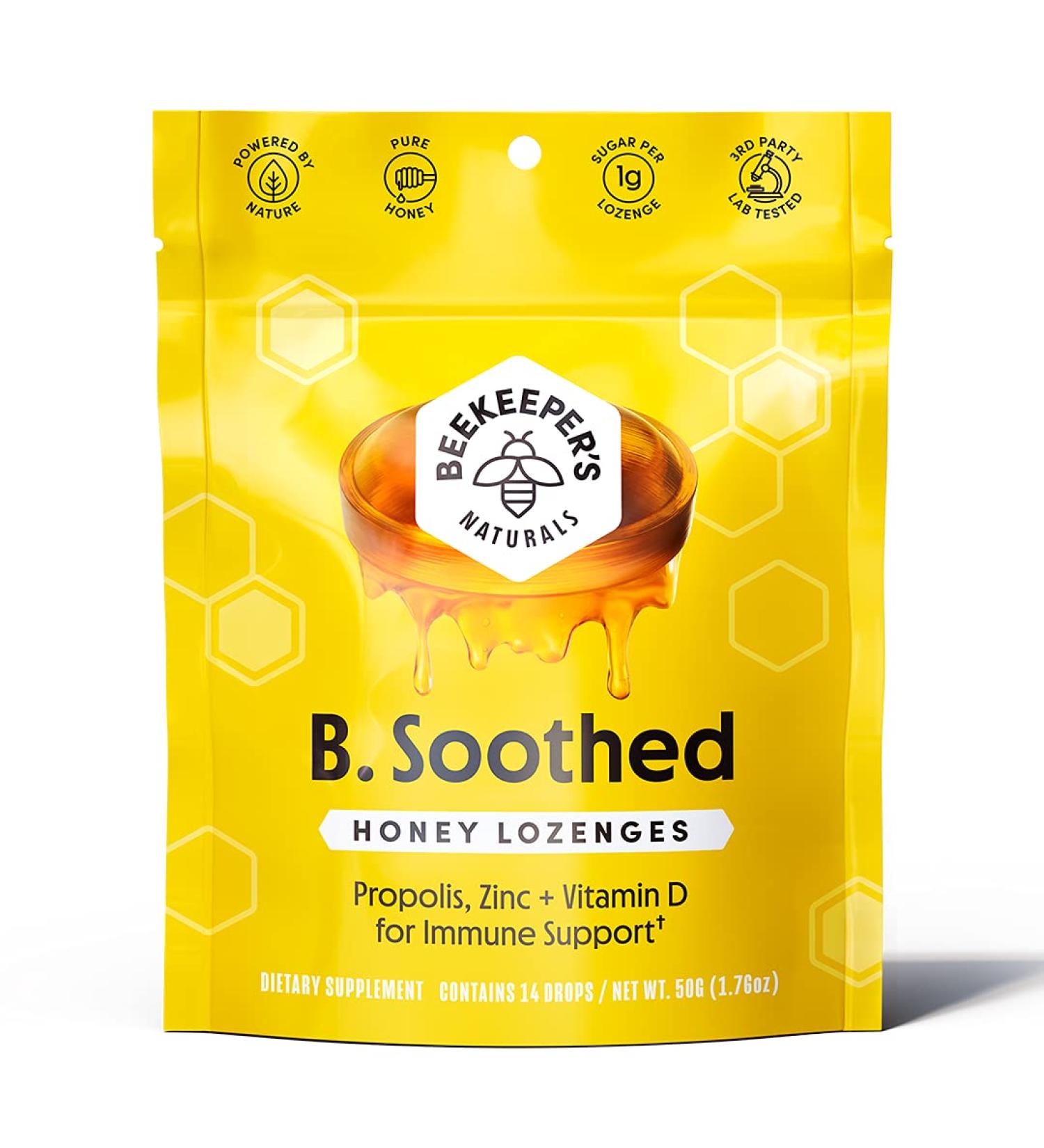 Beekeeper's Naturals B. Soothed Honey Lozenges - 14 Drops (1.76 oz) | Natural Throat Relief - Buy Online on GoSupps.com