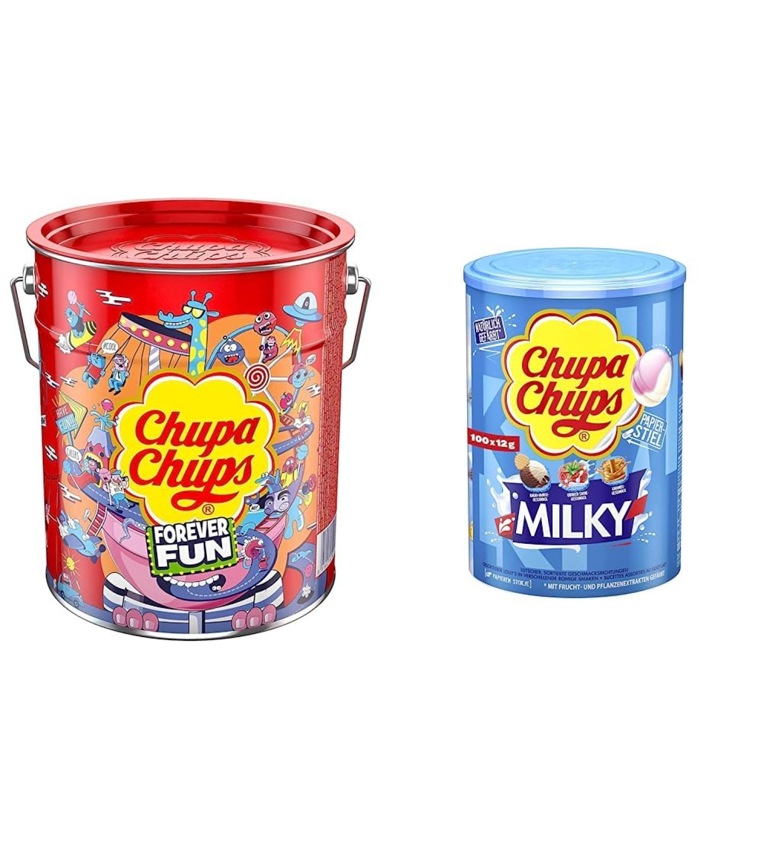 Chupa Chups Best of Lollipop Eimer - 150 Lollipops in 6 Flavors | Pop Art Metal Can & Milky Lollipop Bundle | Buy Internationally! - Buy Online on GoSupps.com