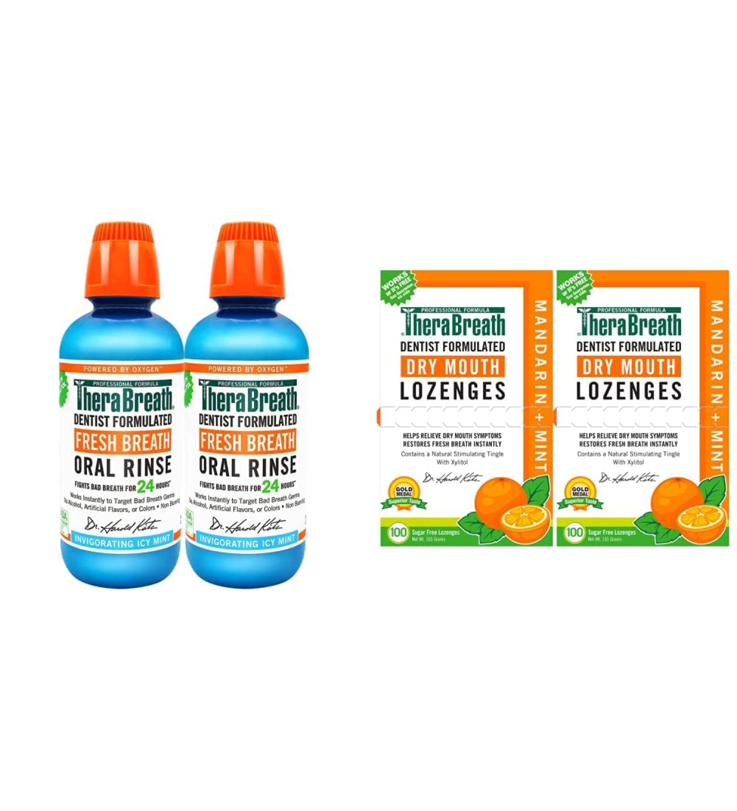 TheraBreath Fresh Breath Oral Rinse ICY Mint 16oz (Pack of 2) + Dry Mouth Lozenges with Zinc Mandarin Mint 100ct (Pack of 2) - Buy Online on GoSupps.com