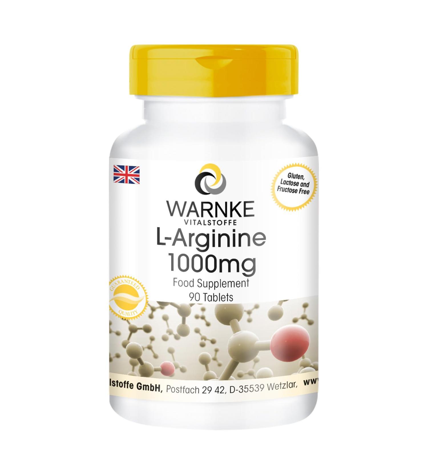 L-Arginine 1000mg Tablets | Magnesium Stearate Free | 90 Count | Warnke Vitalstoffe - Buy Online on GoSupps.com