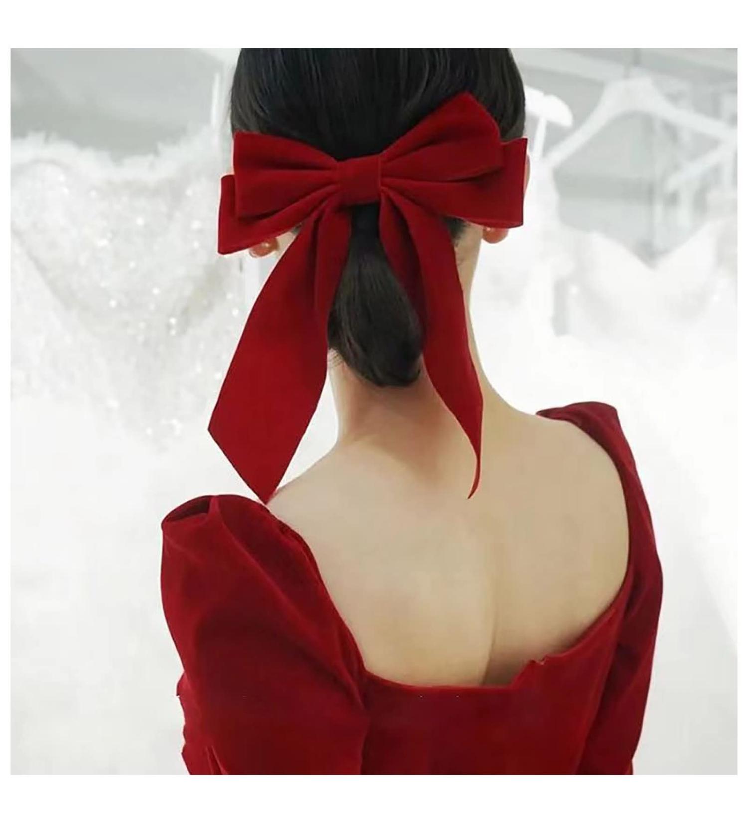 Inilbran Vintage Red Velvet Bow Hair Clips - Long Tail Satin Barrettes for Women - Buy Online on GoSupps.com