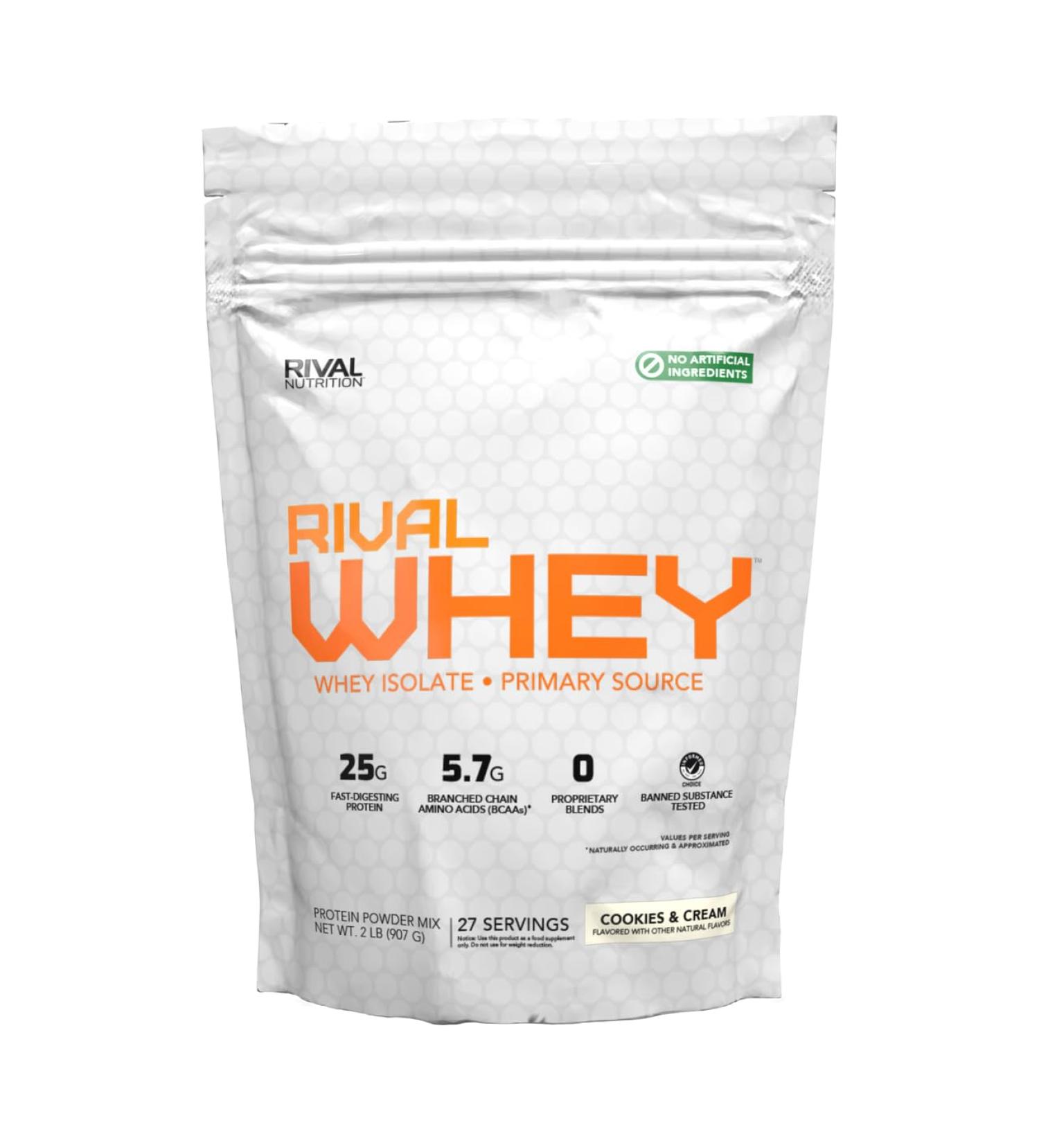 Rival Nutrition Naturally Flavoured Rival Whey Protein Powder | 100% Whey Protein Isolate Sourced Protein Powder | 25g Protein 5.7g BCAAs No Artificial Ingredients | 27 Servings 2LB (Cookies & Cream) Natural Cookies & Cream 2LB - Buy Online on GoSupps.com
