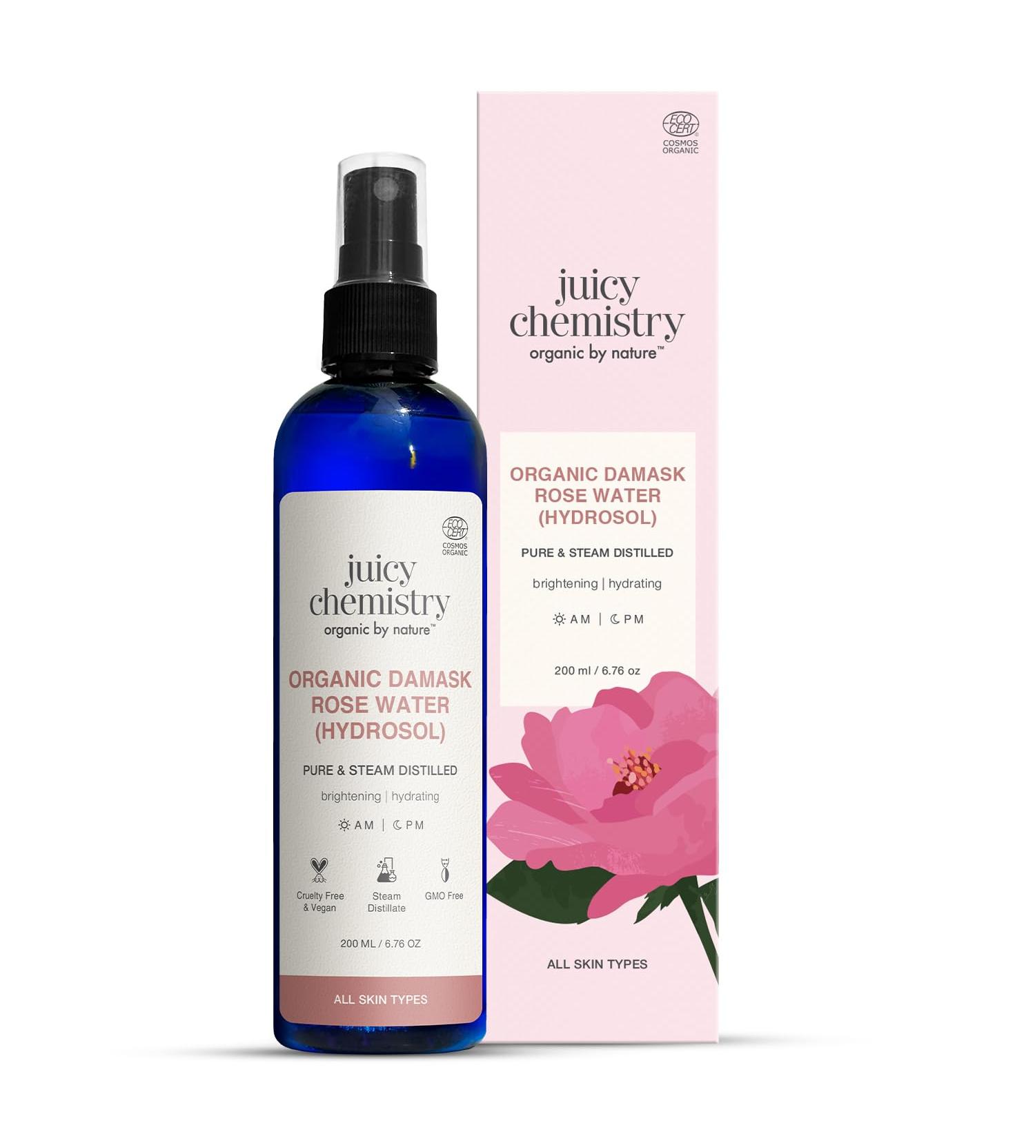 Juicy Chemistry Organic Rose Water (Hydrosol) | Face Toner for Glowing Brighter and Hydrated Skin | Made with Bulgarian Damask Roses (200 (Pack of 1)) - Buy Online on GoSupps.com