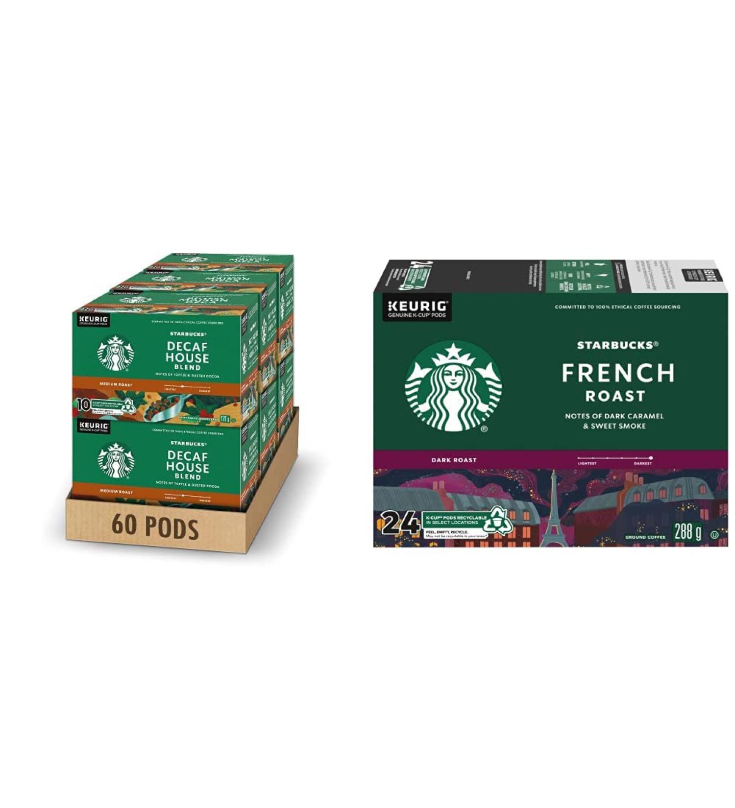 Starbucks House Blend Decaf K-Cups Single Serve Keurig Compatible Coffee Pods For Keurig Brewers - 60 Capsules & French Roast Dark Roast Coffee Single Serve Keurig K-Cup Pods 24 Capsules - Buy Online on GoSupps.com