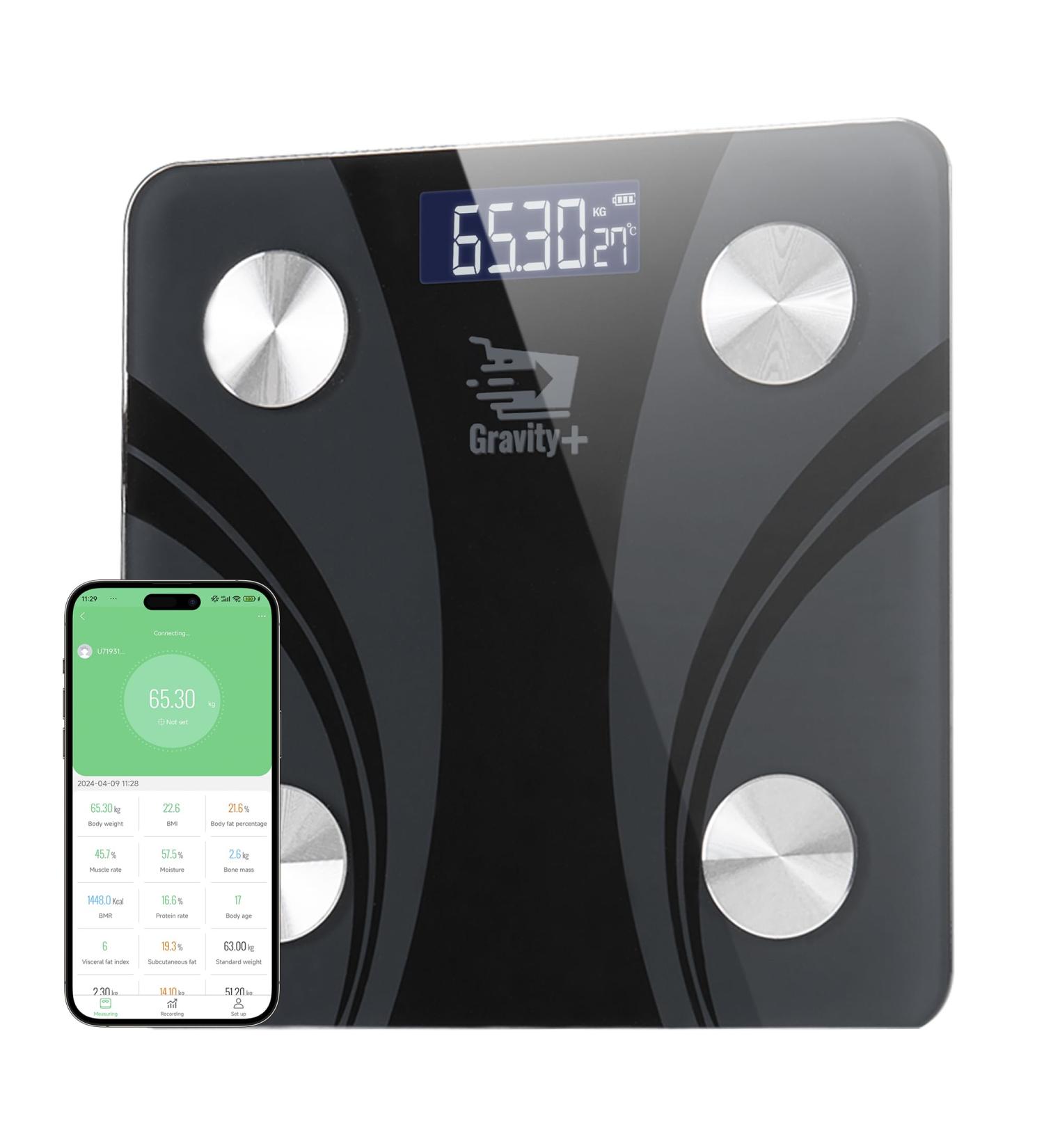 Gravity + Scale Body Weight Weight Scale for Fat BMI Water BMR Muscle Mass with Smartphone APP Bathroom Balance for Health Digital Scale for Bathroom Scale Limit 400lb/180kg Black - Buy Online on GoSupps.com