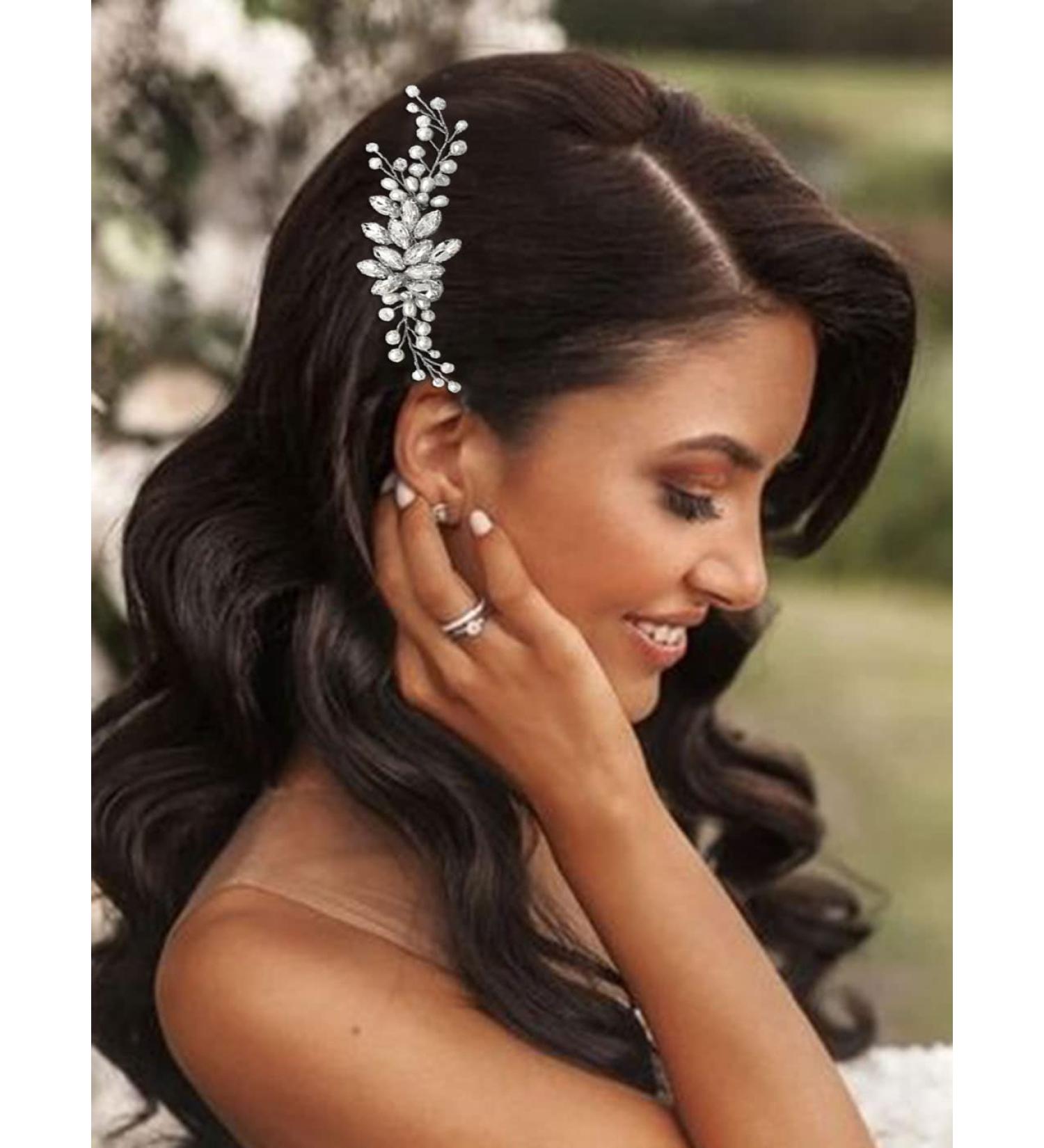 Catery Crystal Bride Wedding Hair Comb | Silver Bridal Hair Piece with Pearl Clips for Women & Girls - Buy Online on GoSupps.com