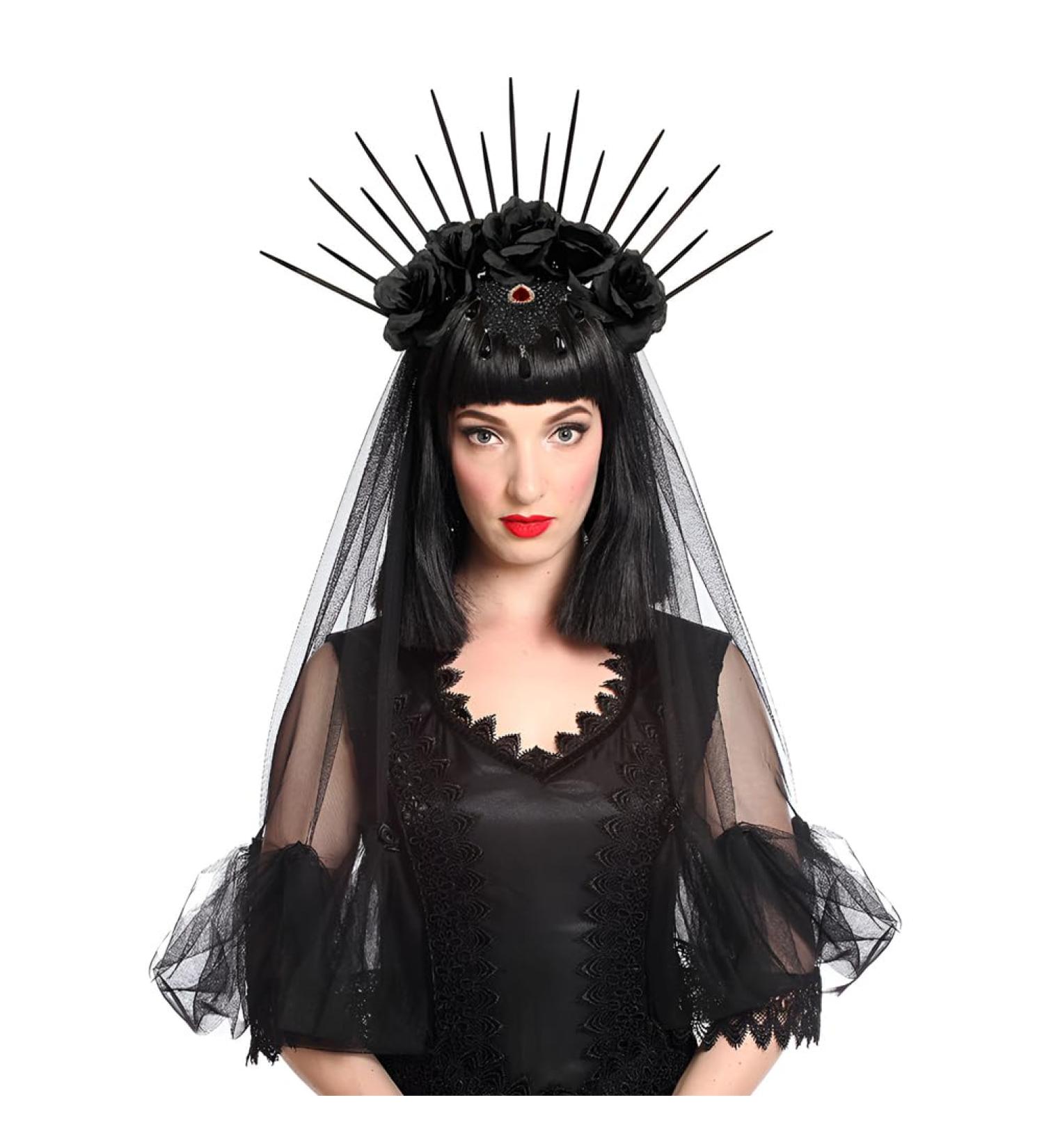 haozaikeji Halloween Gothic Bridal Headband Black Veil Flower Crown Headpiece Wedding Bride Headdress for Women Ladies Retro Vampire Queen Hair Band Halloween Fancy Dress Costume - Buy Online on GoSupps.com